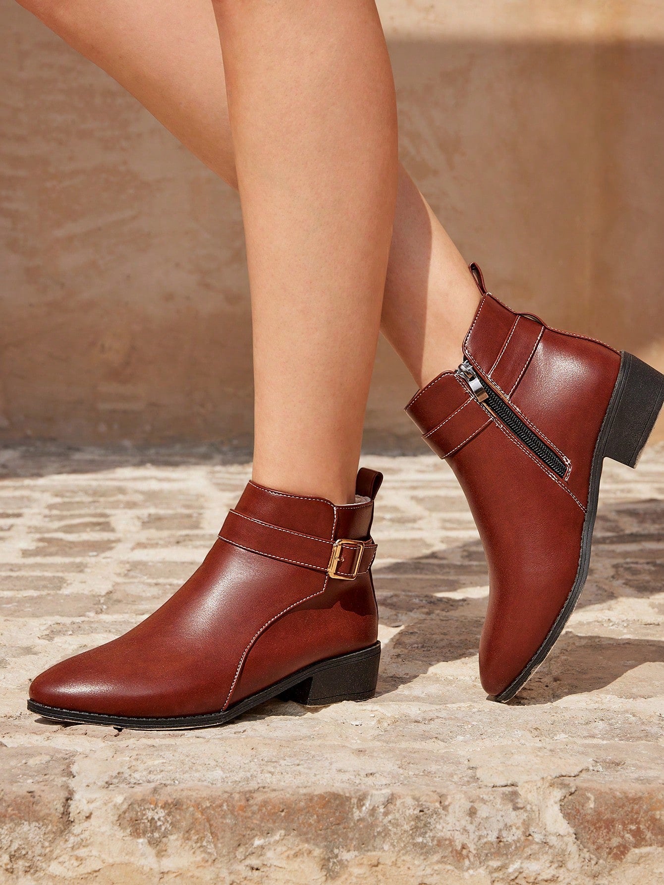 Styleloop Women's Fashionable Western Embroidered Chunky Heel Ankle Boots In Apricot, Fall Shoes For Christmas And New Year Holiday