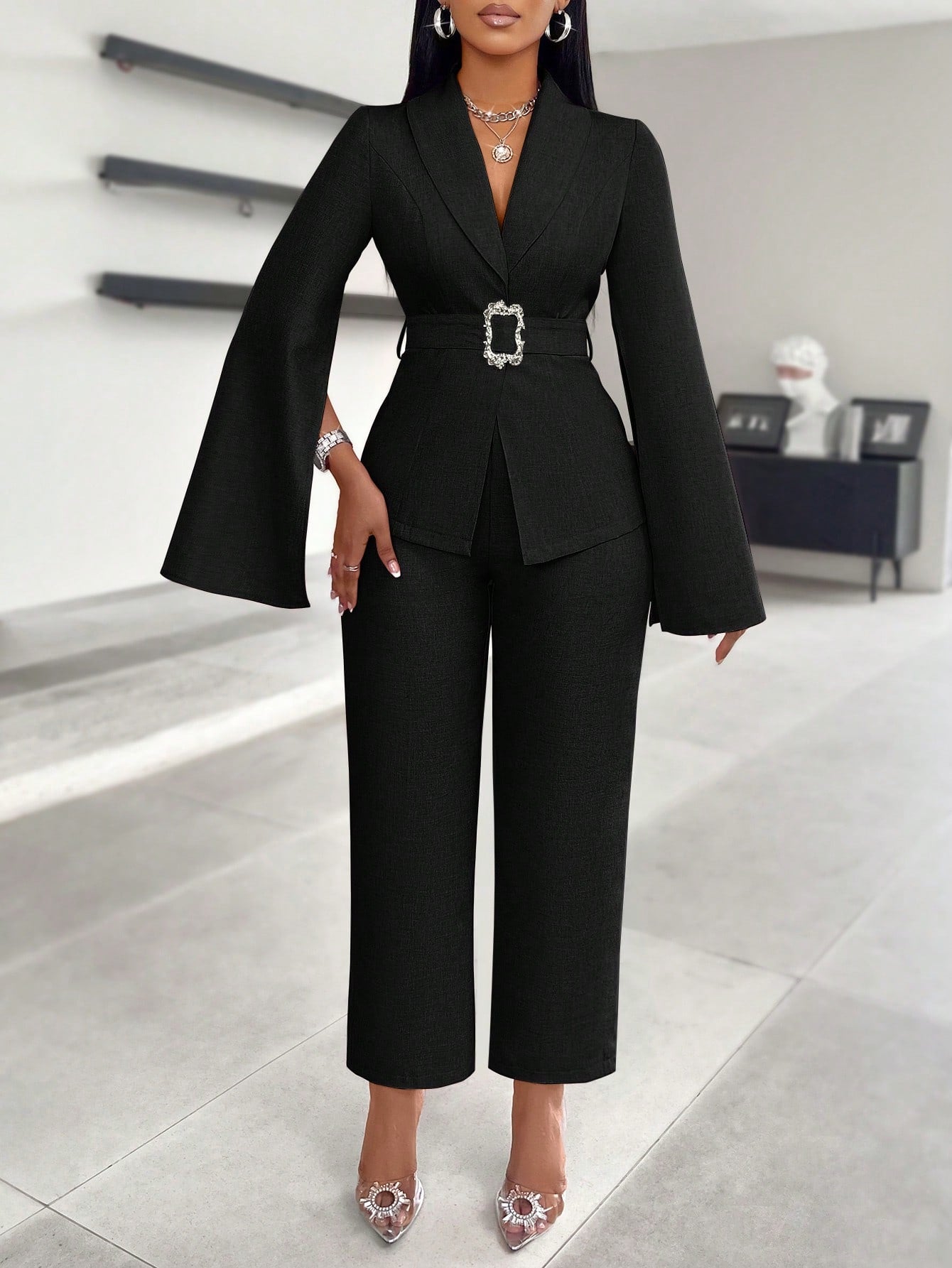 SOLERSUN Glossy Satin Suit Jacket, Women's Suit Set, Business Commuter Suit. Spring And Autumn Season Suits, Autumn And Winter Cape Sleeves, Elegant, Outdoor Clothing