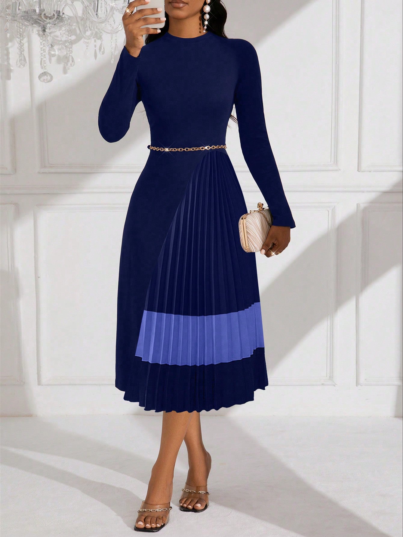 Lyxana Pleated Patchwork Midi Knit Dress For Women Maxi Women Outfit