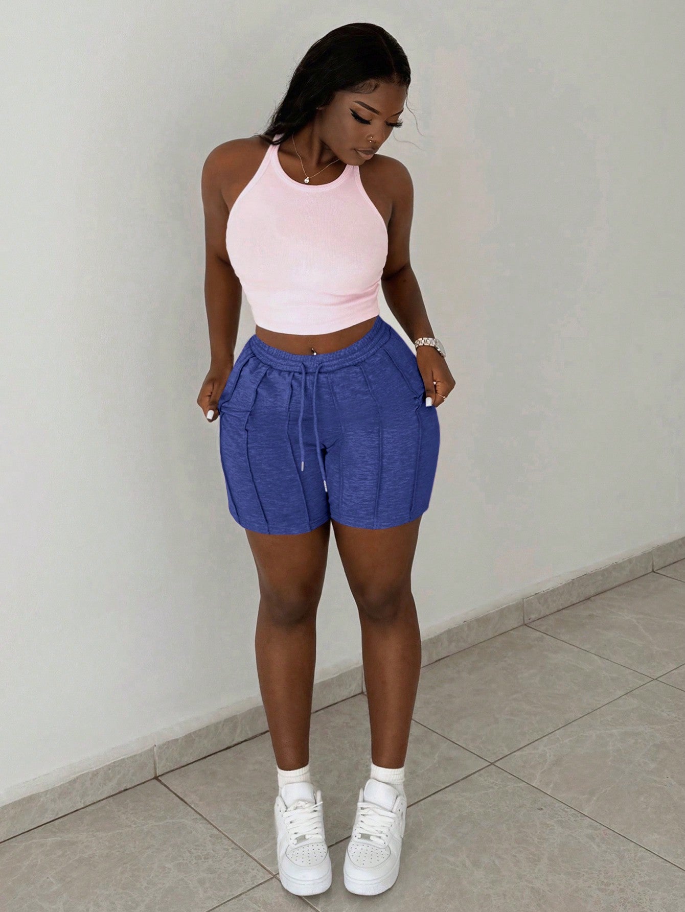 Slayr Summer Casual Sports Front Toothpick Pleat Design Five-Quarter Pants Cycling Pants Sweatpants Light Gray Women's Shorts