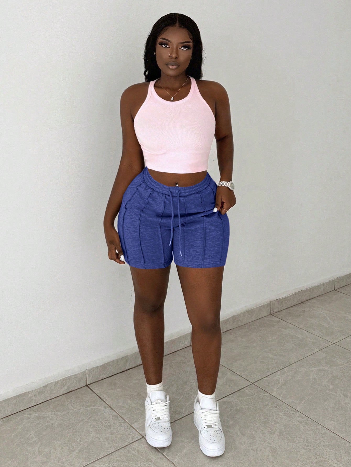 Slayr Summer Casual Sports Front Toothpick Pleat Design Five-Quarter Pants Cycling Pants Sweatpants Light Gray Women's Shorts