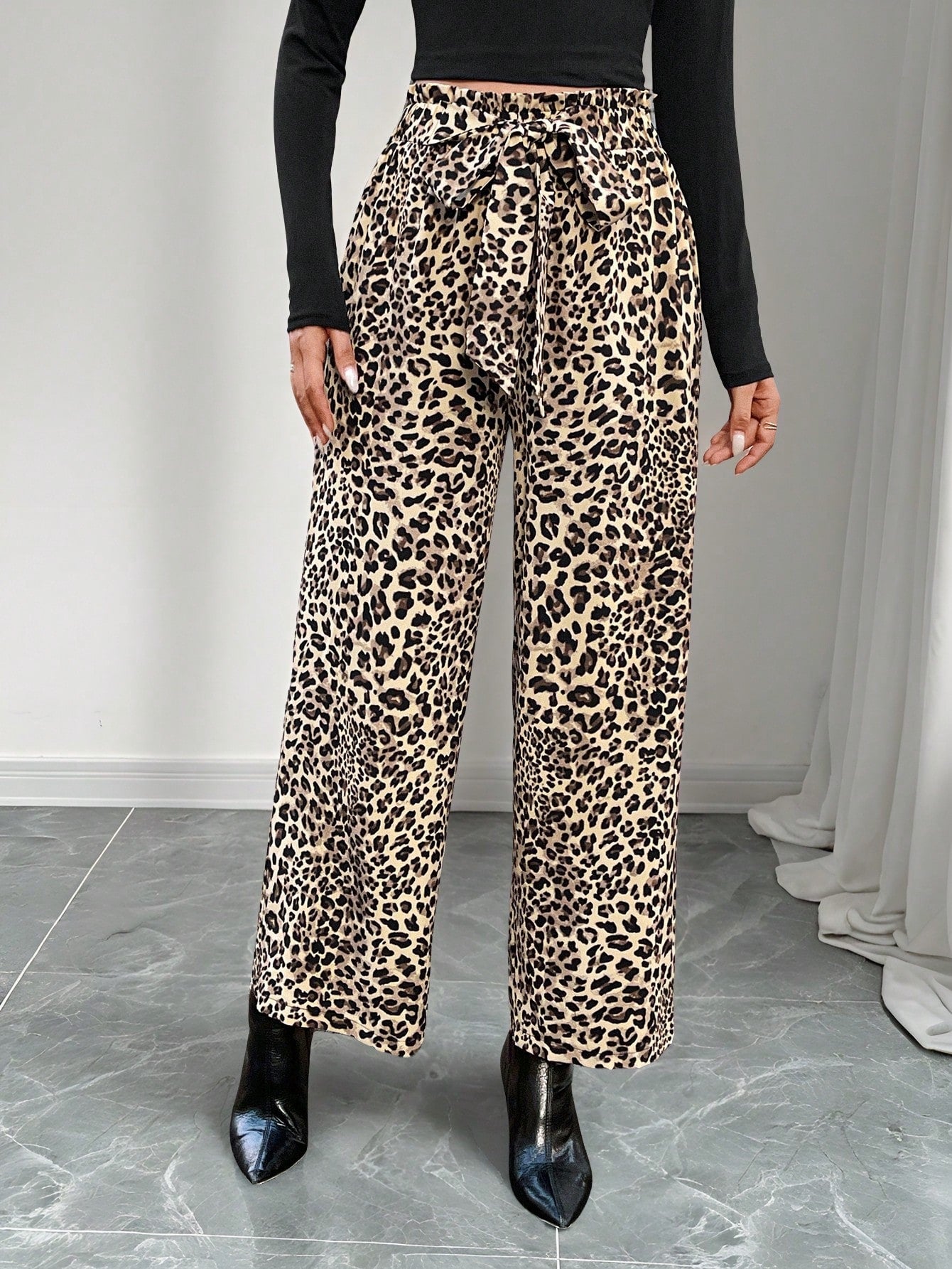 LUNE Women's Casual Front Tie Leopard Print Pants, Simple Design For Everyday Wear