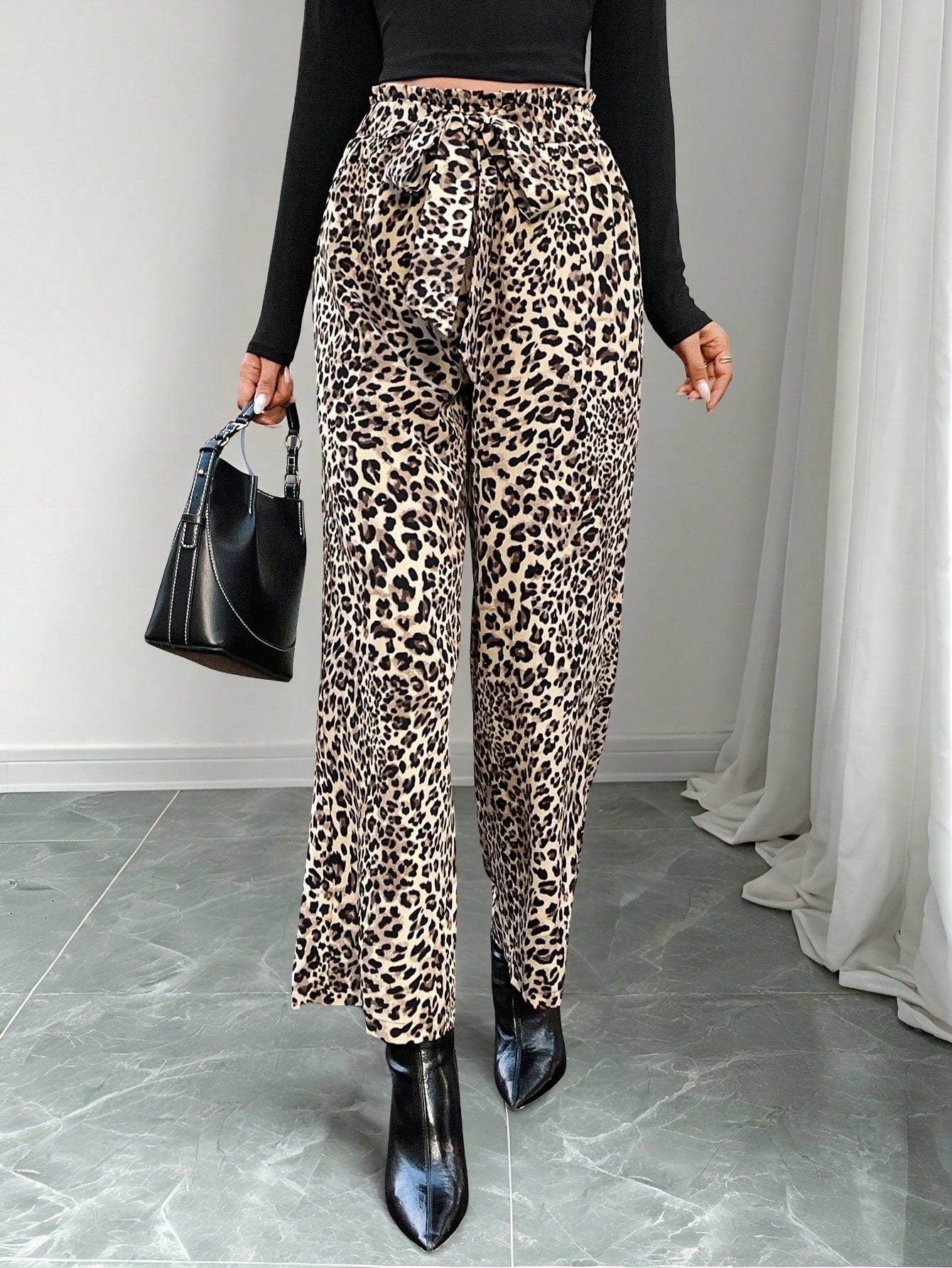 LUNE Women's Casual Front Tie Leopard Print Pants, Simple Design For Everyday Wear