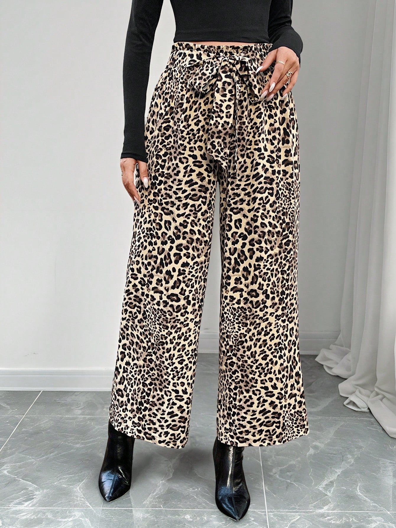 LUNE Women's Casual Front Tie Leopard Print Pants, Simple Design For Everyday Wear