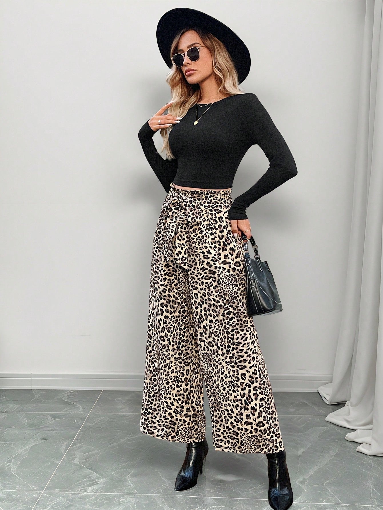 LUNE Women's Casual Front Tie Leopard Print Pants, Simple Design For Everyday Wear