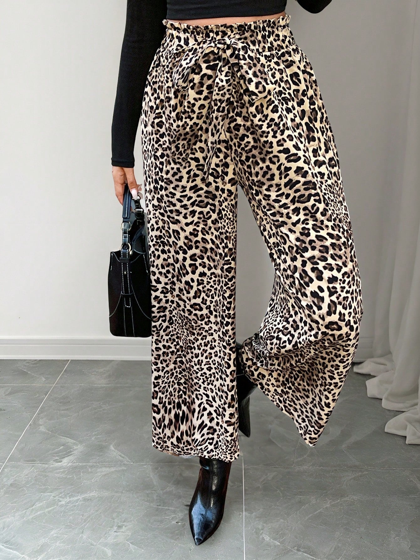 LUNE Women's Casual Front Tie Leopard Print Pants, Simple Design For Everyday Wear