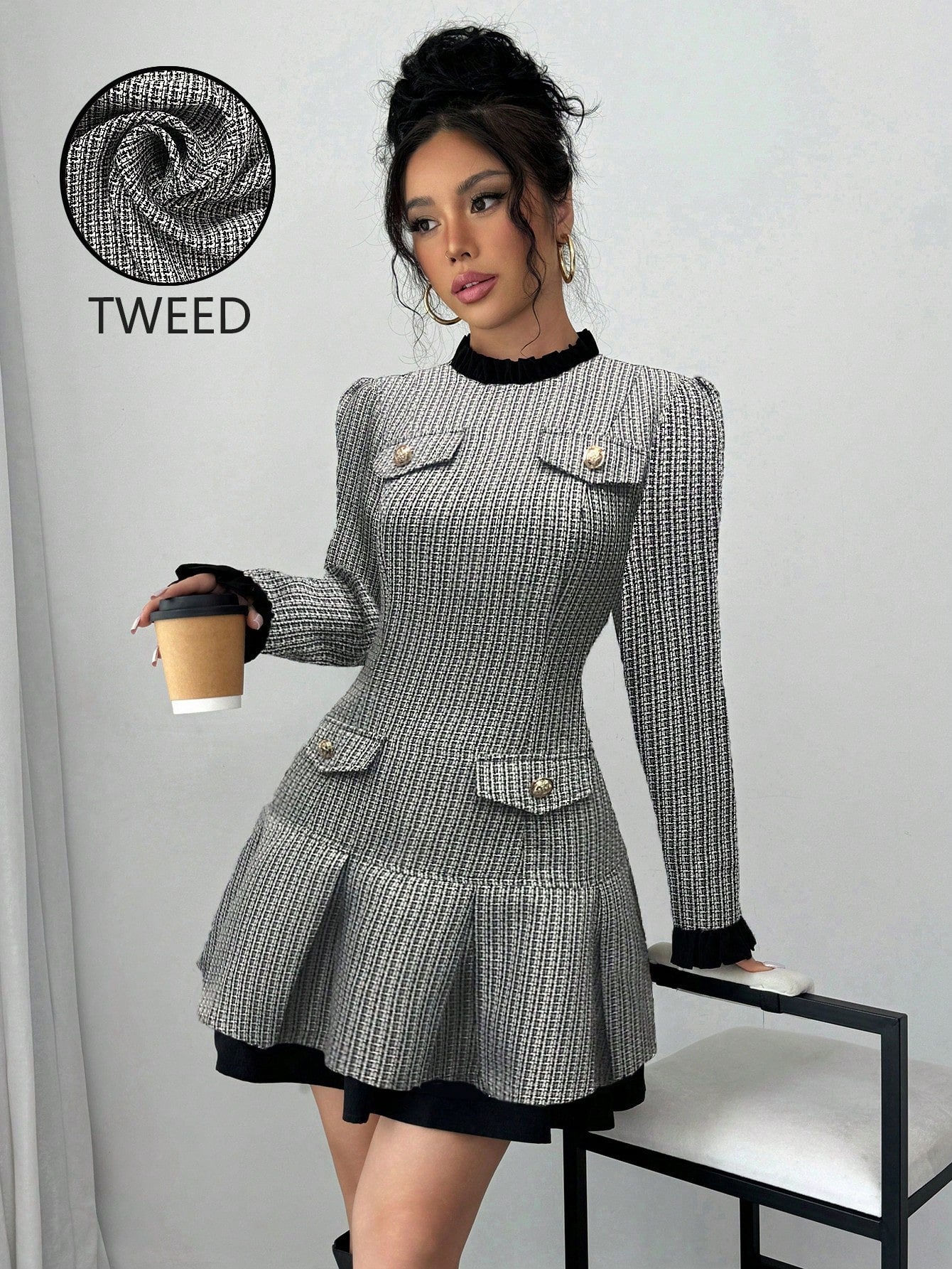 Raffinéa Women's Ruffle Collar Long Sleeve Houndstooth Patchwork Elegant Dress