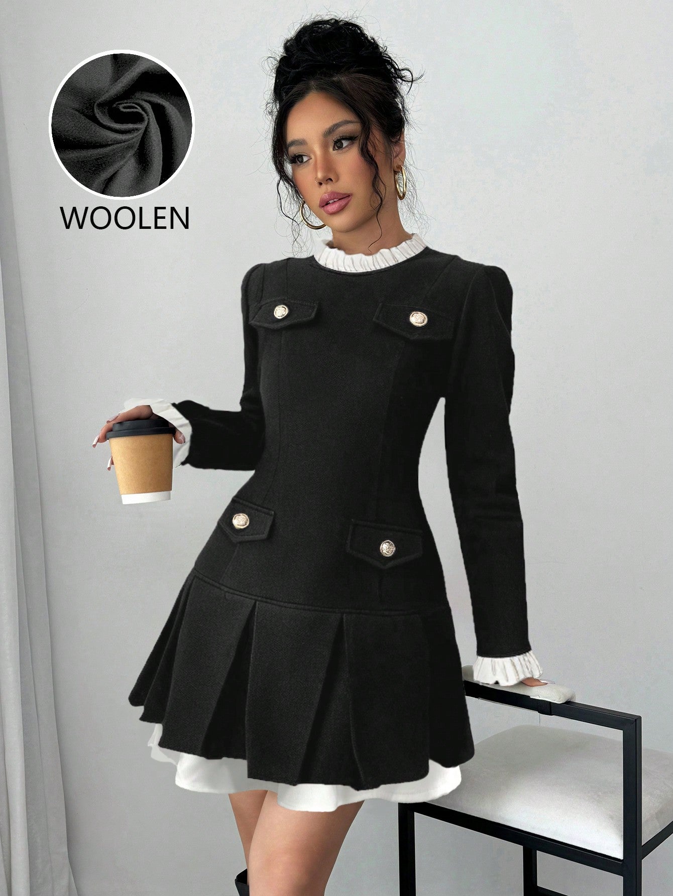 Raffinéa Women's Ruffle Collar Long Sleeve Houndstooth Patchwork Elegant Dress