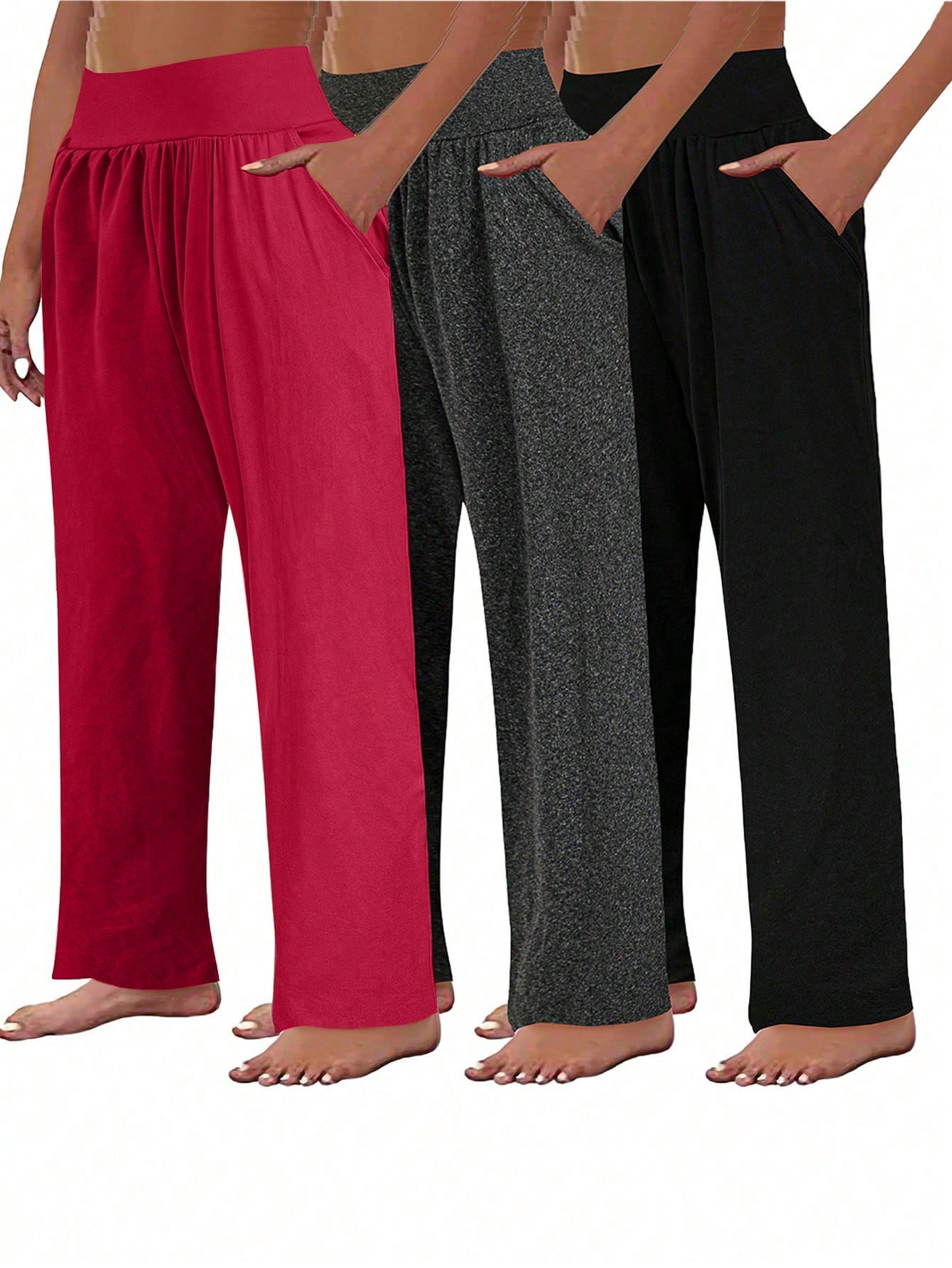 3pcs Plus Size Women Set, Knitted Wide Leg Pants In Pink, Gray & Black, Casual Outfits With Pockets, Autumn/Winter