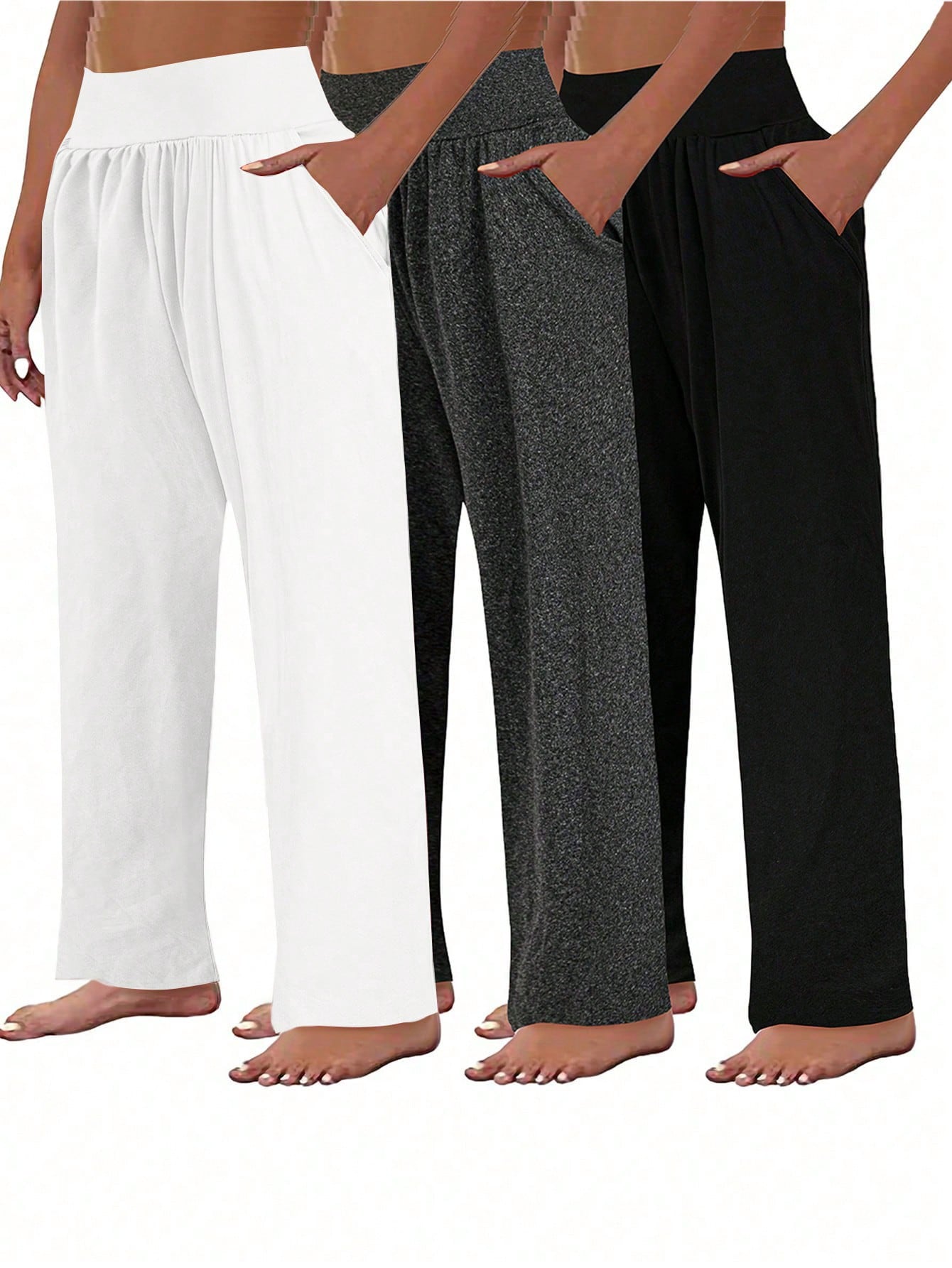 3pcs Plus Size Women Set, Knitted Wide Leg Pants In Pink, Gray & Black, Casual Outfits With Pockets, Autumn/Winter