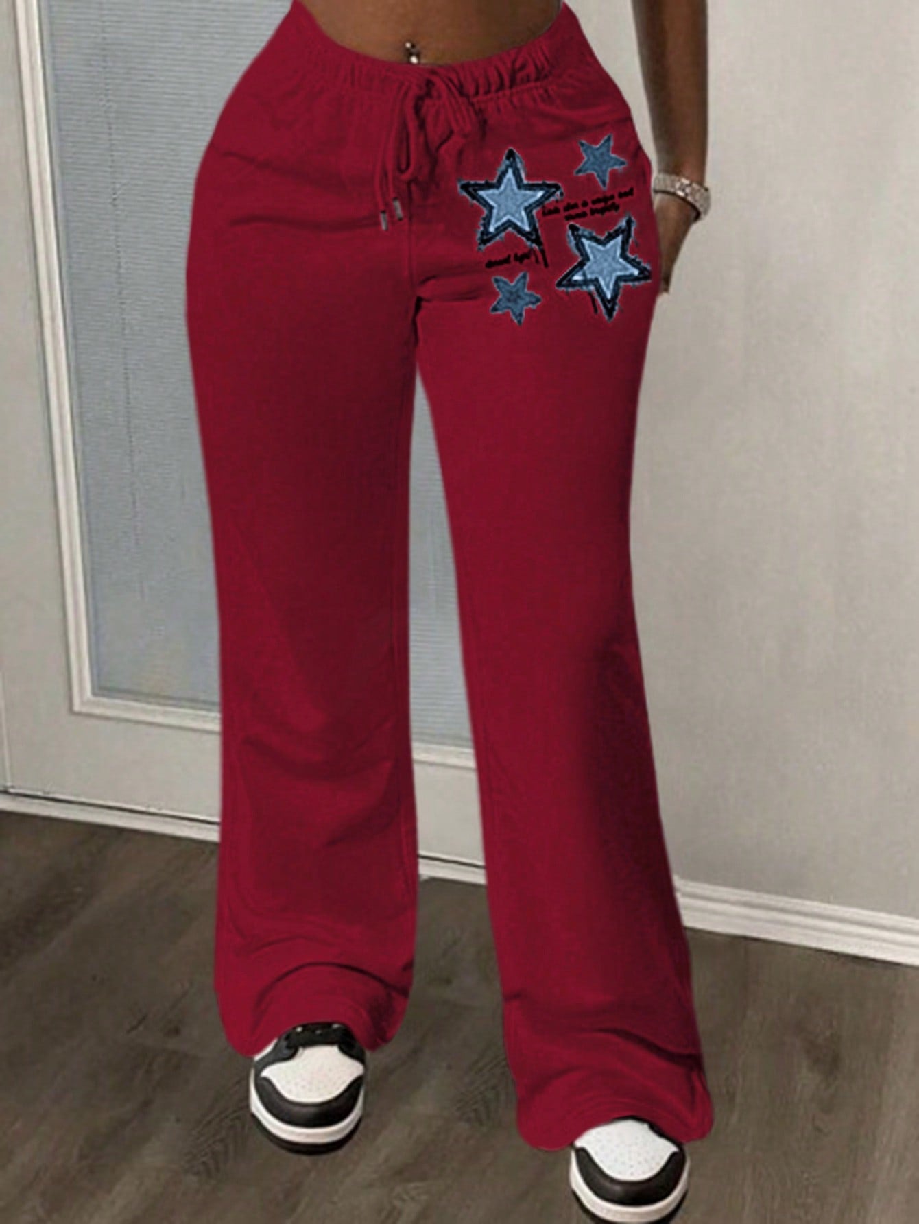 Slayr 2024 New Casual Basic Street Style Drawstring Straight Leg Pants, Women Star Pattern White Sweatpants