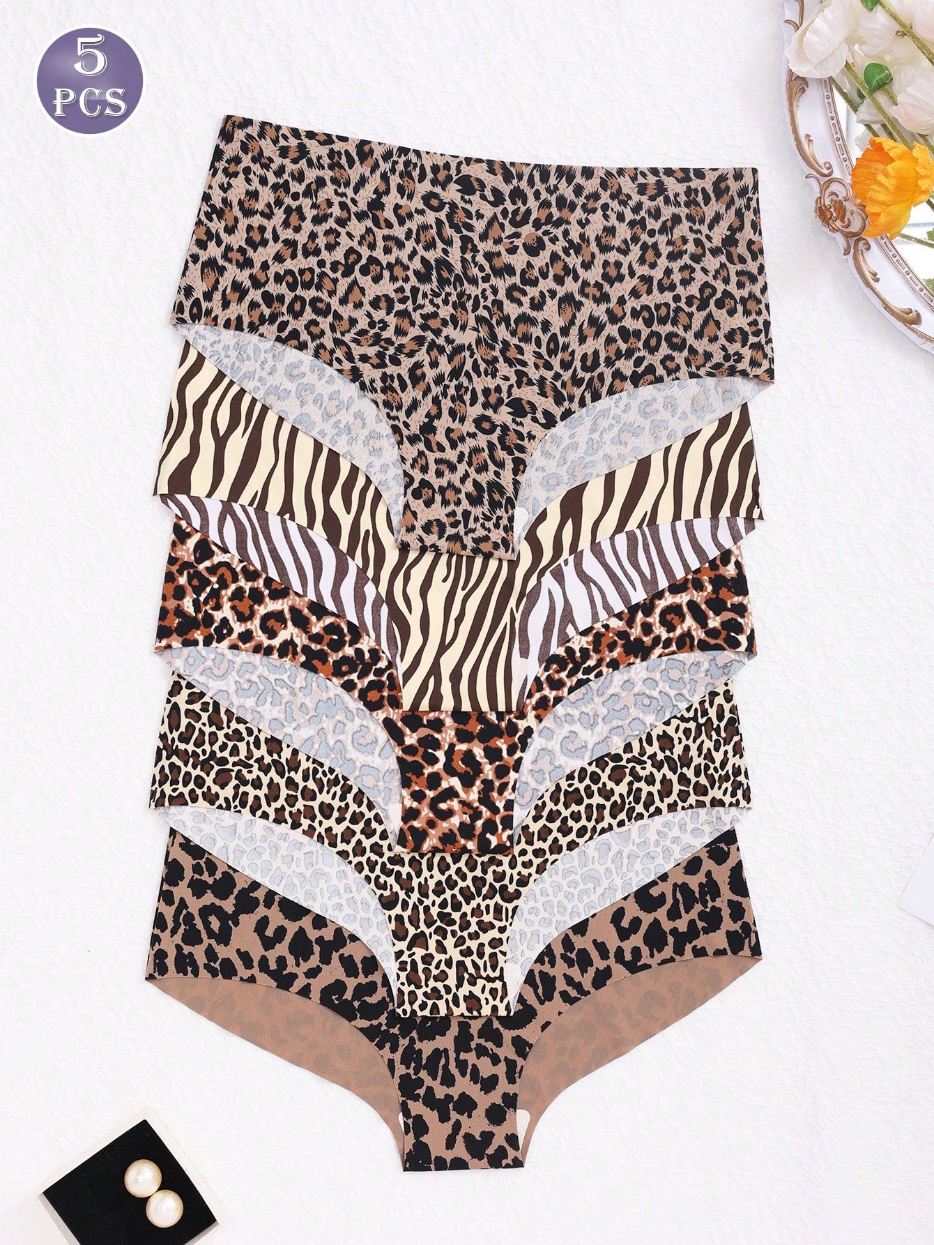 5-Pack Seamless Stretch Comfort Shaping High-waisted Leopard Print Panty Briefs