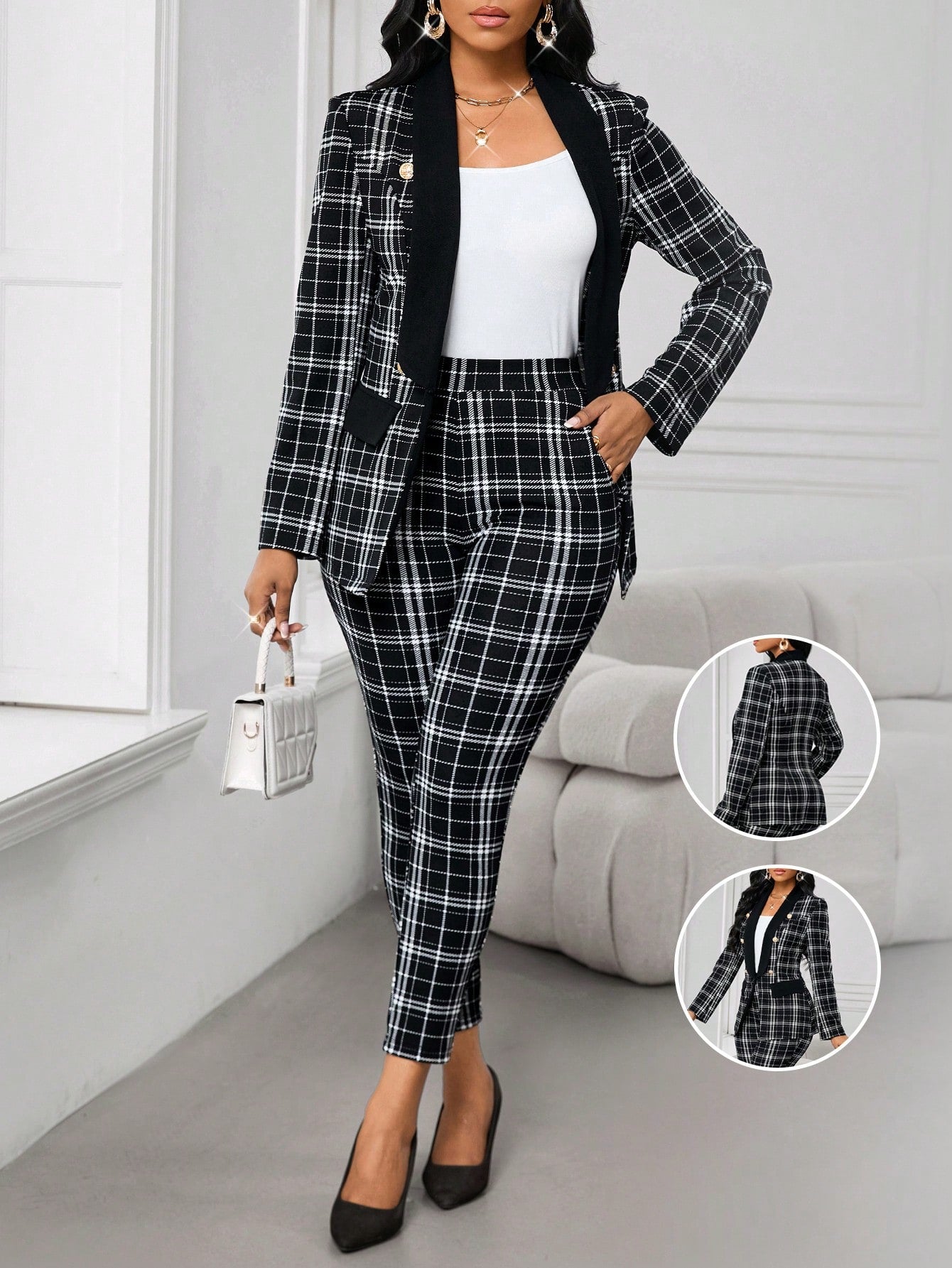 Lady Elegant Check Pattern Blazer And Pants Suit Set For Commute, Autumn