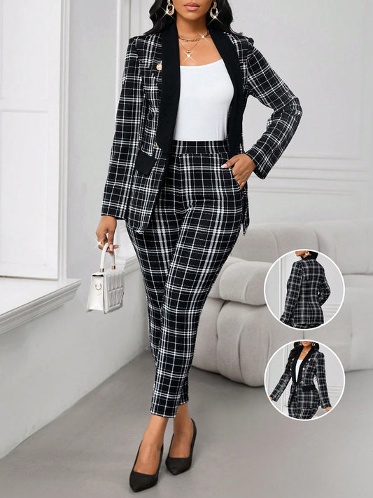 Lady Elegant Check Pattern Blazer And Pants Suit Set For Commute, Autumn