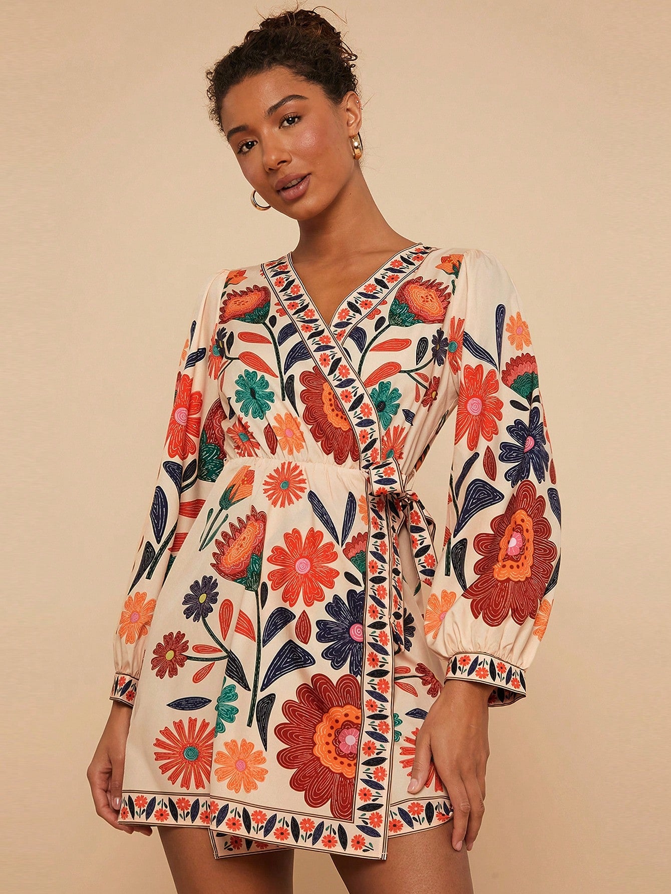 Travachic Woven Printed Long Sleeve Loose Casual Mini Dress For Women