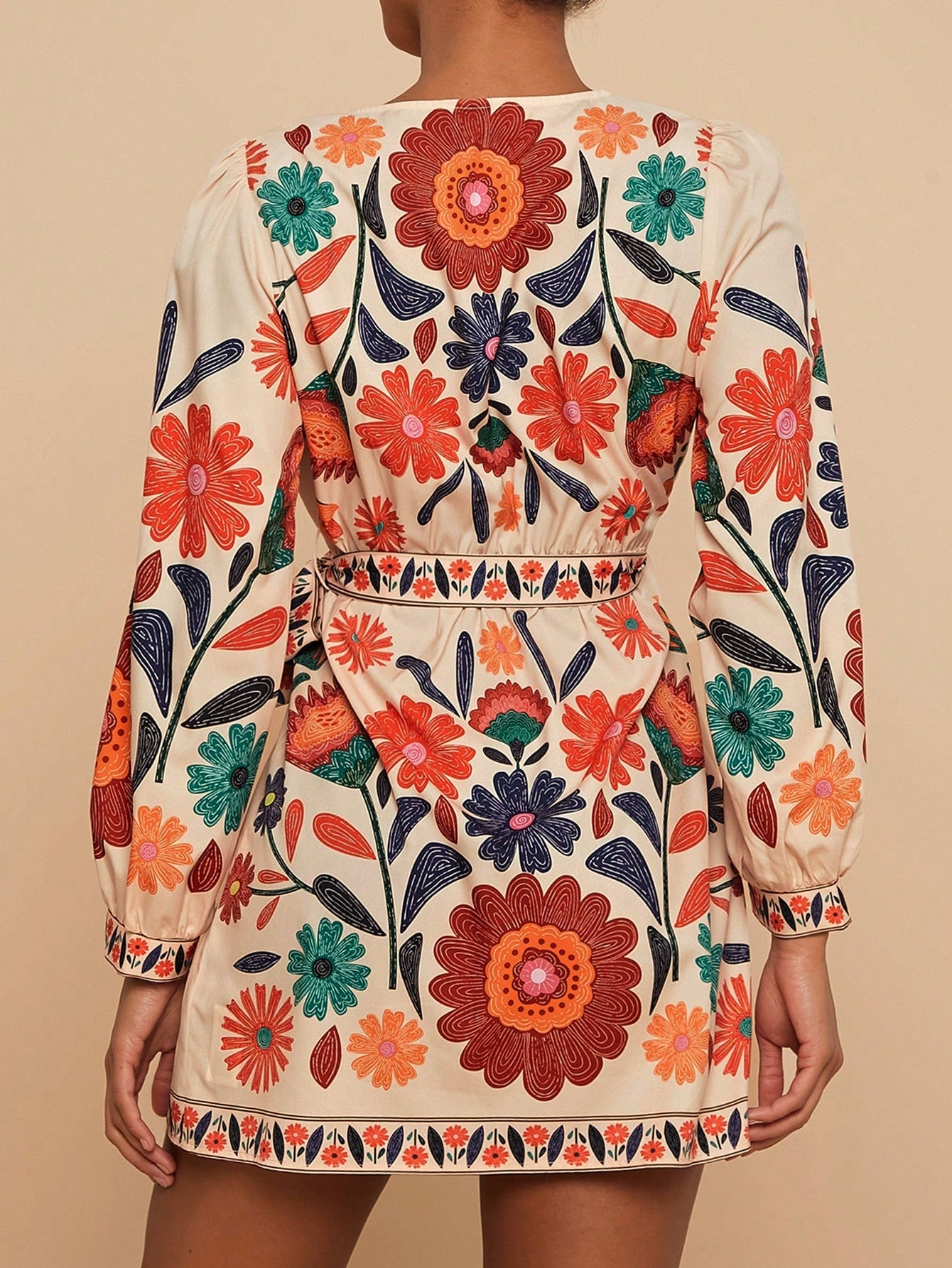 Travachic Woven Printed Long Sleeve Loose Casual Mini Dress For Women