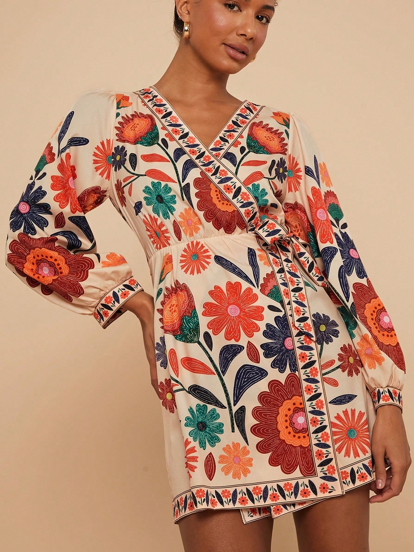 Travachic Woven Printed Long Sleeve Loose Casual Mini Dress For Women