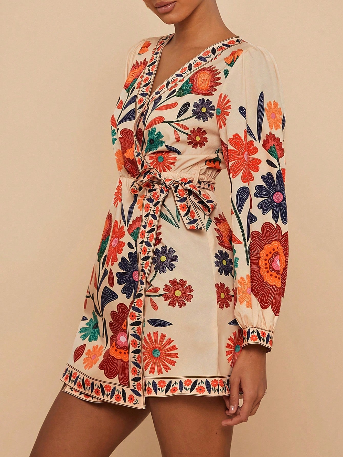 Travachic Woven Printed Long Sleeve Loose Casual Mini Dress For Women