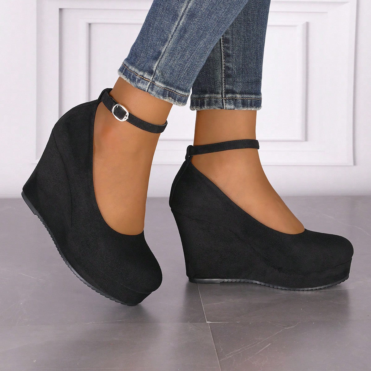 Women's Thick Bottom Mary Jane Shoes Round Toe Waterproof Platform Adjustable Buckle Strap, Fashion Large Size Comfortable Casual Shoes, Suitable For Spring And Autumn