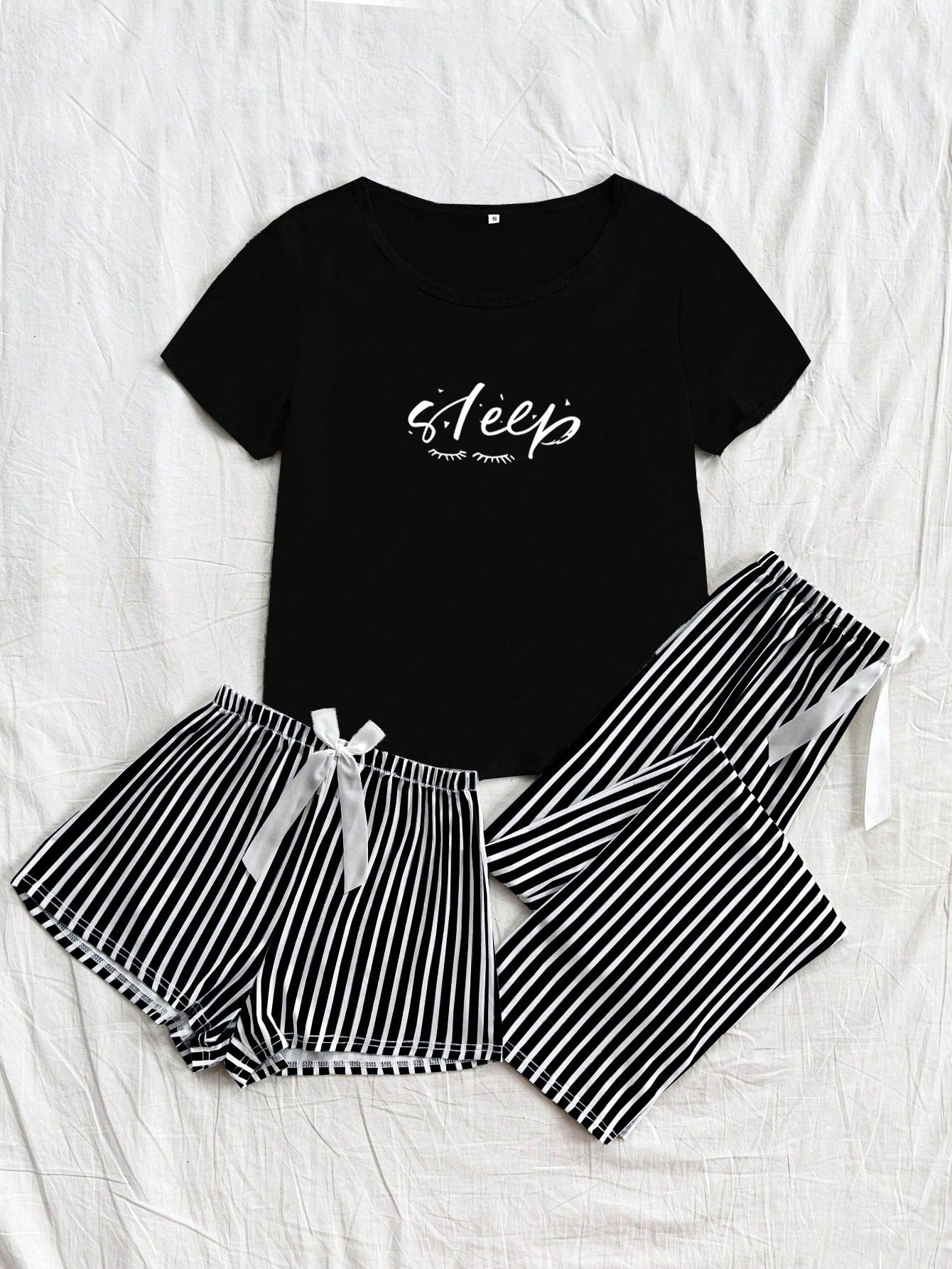 Women 3pcs Striped & Butterfly Print Short Sleeve Sleepwear Set - Shorts & Long Pants