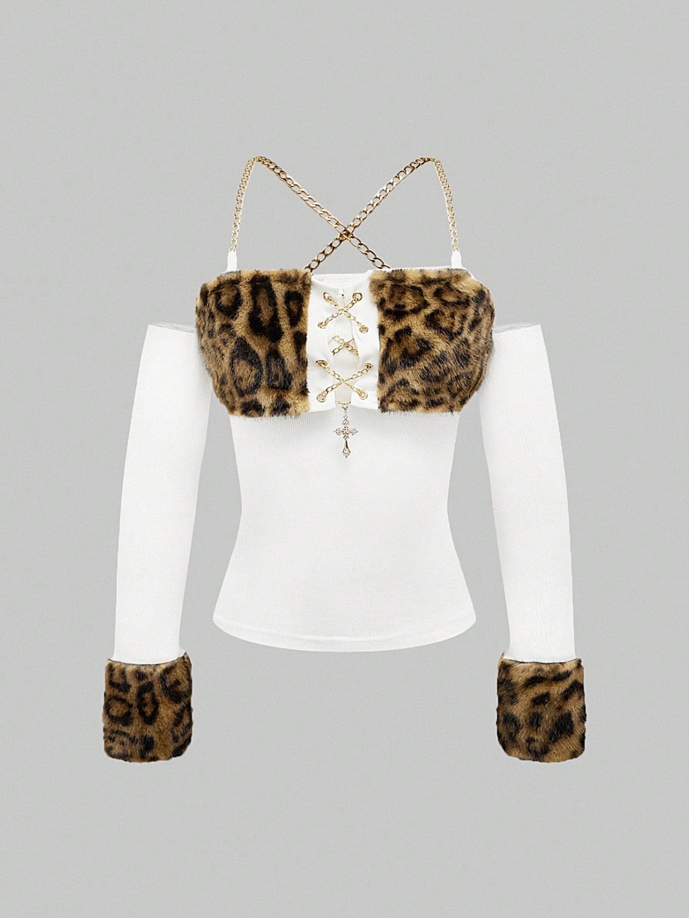 ROMWE Grunge Punk Y2K Harajuku Print Patchwork Leopard Furry Tight Fitted Cropped Tank Top With Sleeve