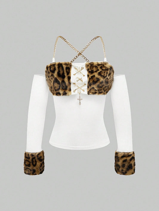 ROMWE Grunge Punk Y2K Harajuku Print Patchwork Leopard Furry Tight Fitted Cropped Tank Top With Sleeve