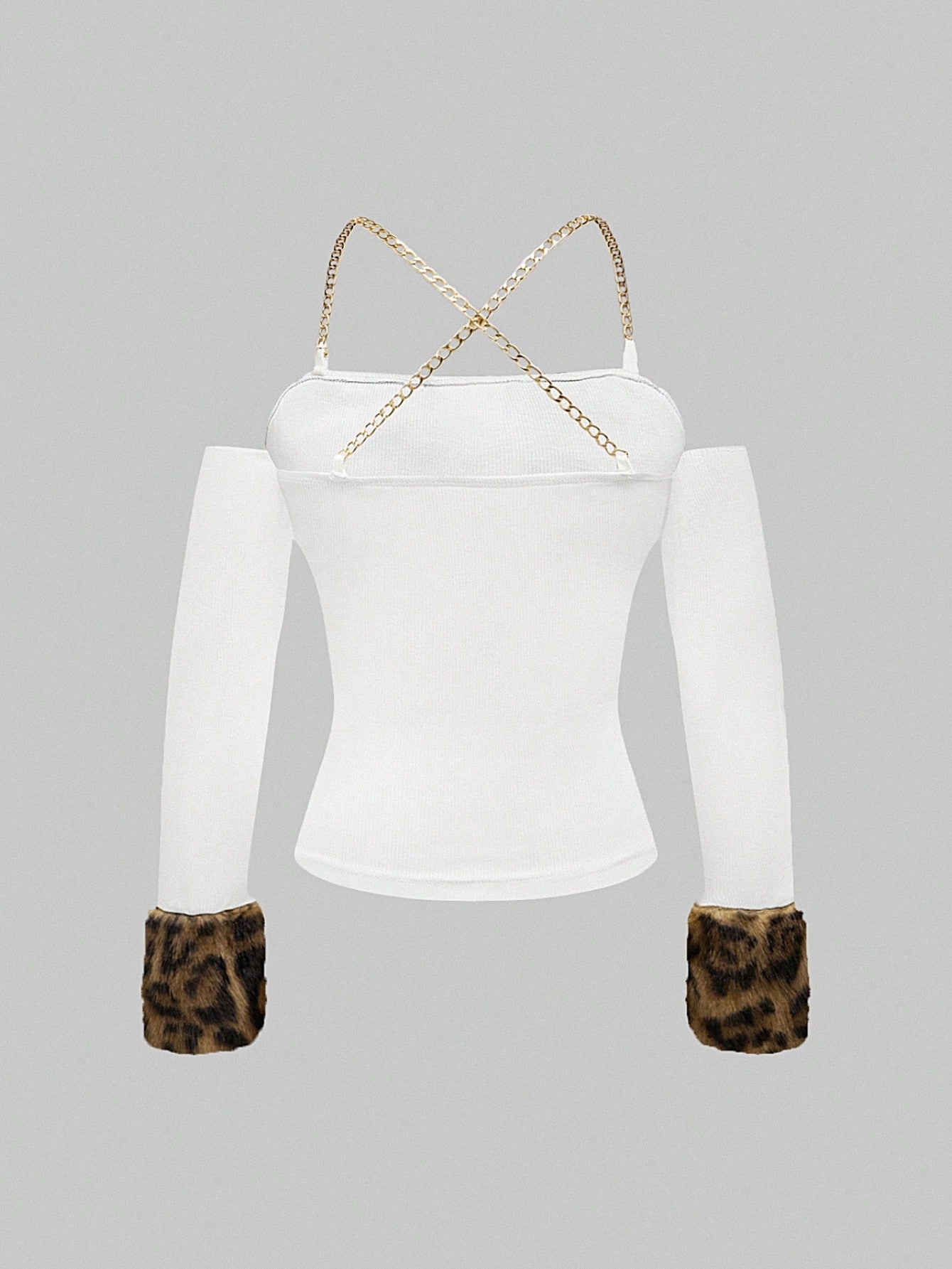 ROMWE Grunge Punk Y2K Harajuku Print Patchwork Leopard Furry Tight Fitted Cropped Tank Top With Sleeve