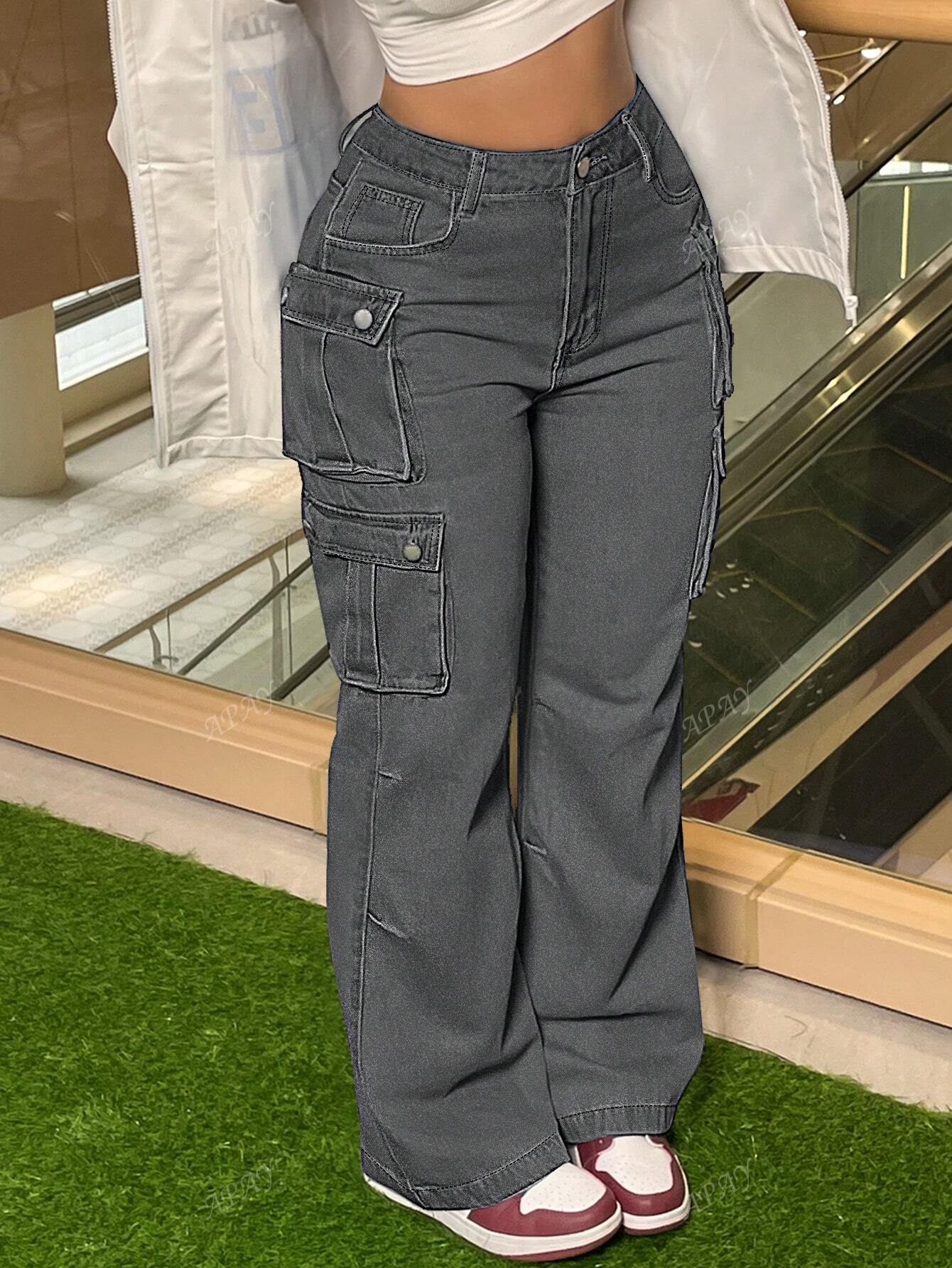 Stylish Vintage Chic Y2K Cargo Pants - High-Waisted, Wide-Leg, Pocketed, Comfortable, Casual, Street-Stylish Denim Trousers For The Curvaceous Woman