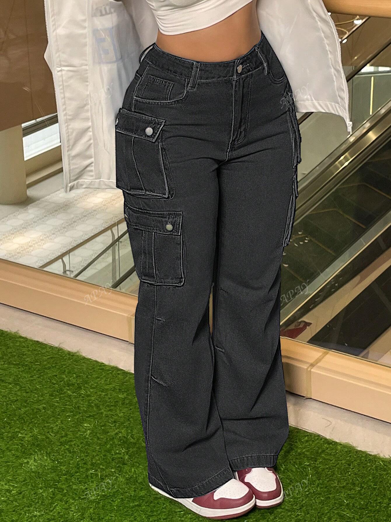 Stylish Vintage Chic Y2K Cargo Pants - High-Waisted, Wide-Leg, Pocketed, Comfortable, Casual, Street-Stylish Denim Trousers For The Curvaceous Woman