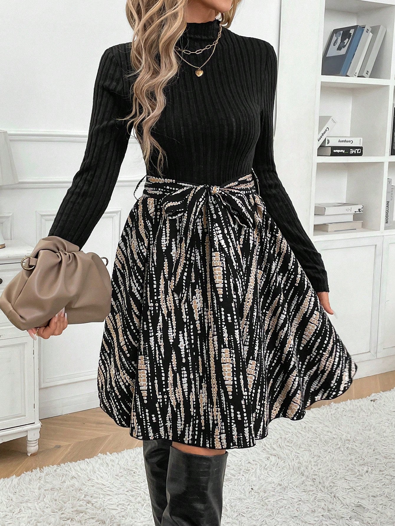 Frenchy Ditsy Floral Print Mock Neck Belted Bottom&Top Two Tone A Line Floral Print Dress