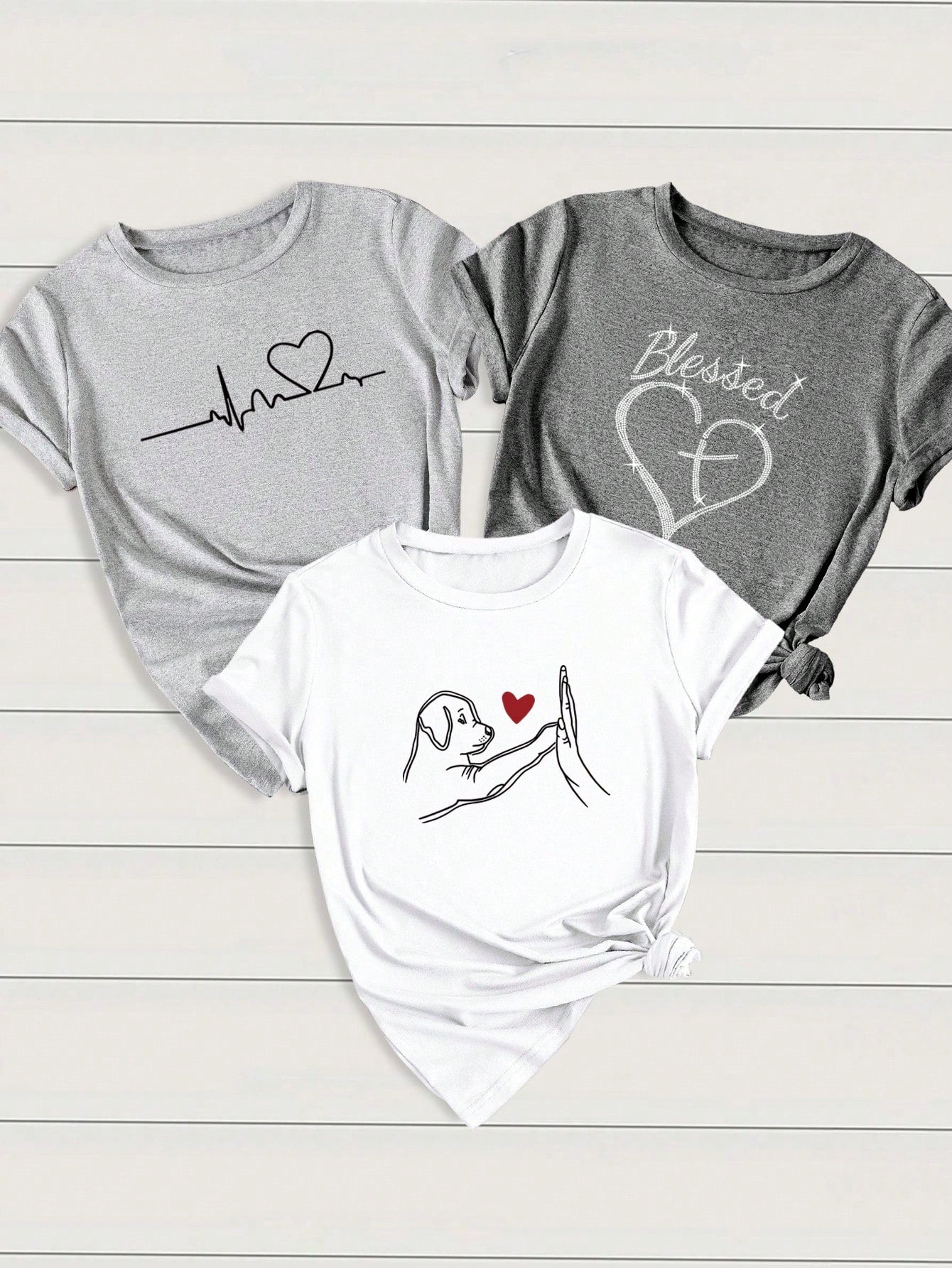 INAWLY 3pcs/Set Women Heart & Letter ECG Graphic T-Shirts, Casual Short Sleeve Tops Graphic Tees Women Tops