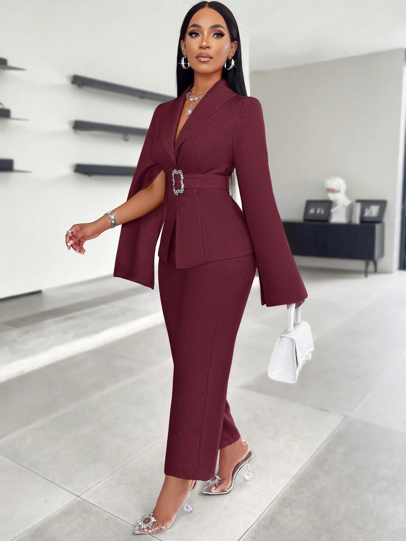 SOLERSUN Glossy Satin Suit Jacket, Women's Suit Set, Business Commuter Suit. Spring And Autumn Season Suits, Autumn And Winter Cape Sleeves, Elegant, Outdoor Clothing