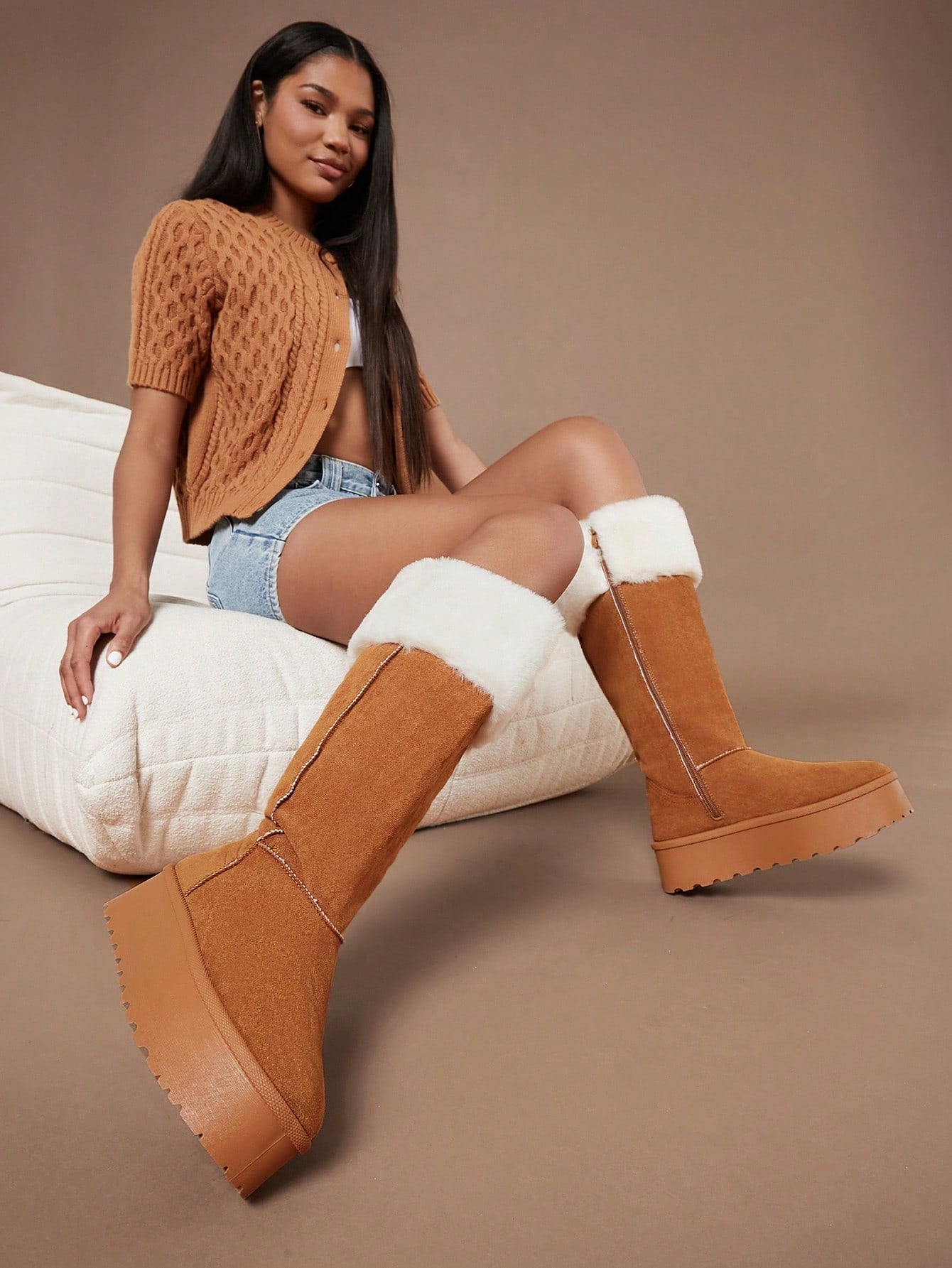 SHUZIA Women's Casual Slip-On Thick Platform Fluffy Thermal Lined Plush Collar Mid-Calf Cute Snow Boots New Year Holiday Valentine Gifts Summer Shoes