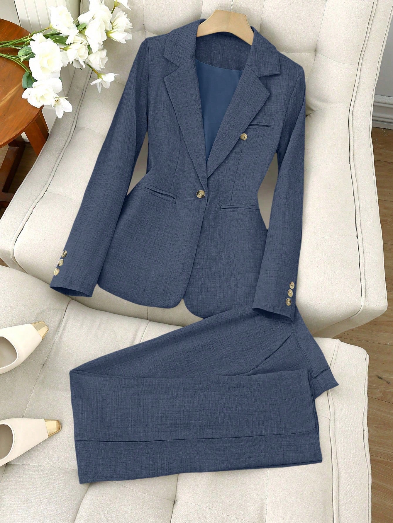 LUNE Solid Color Single-Breasted Long Sleeve Suit Jacket And Pants, Elegant Suit Set