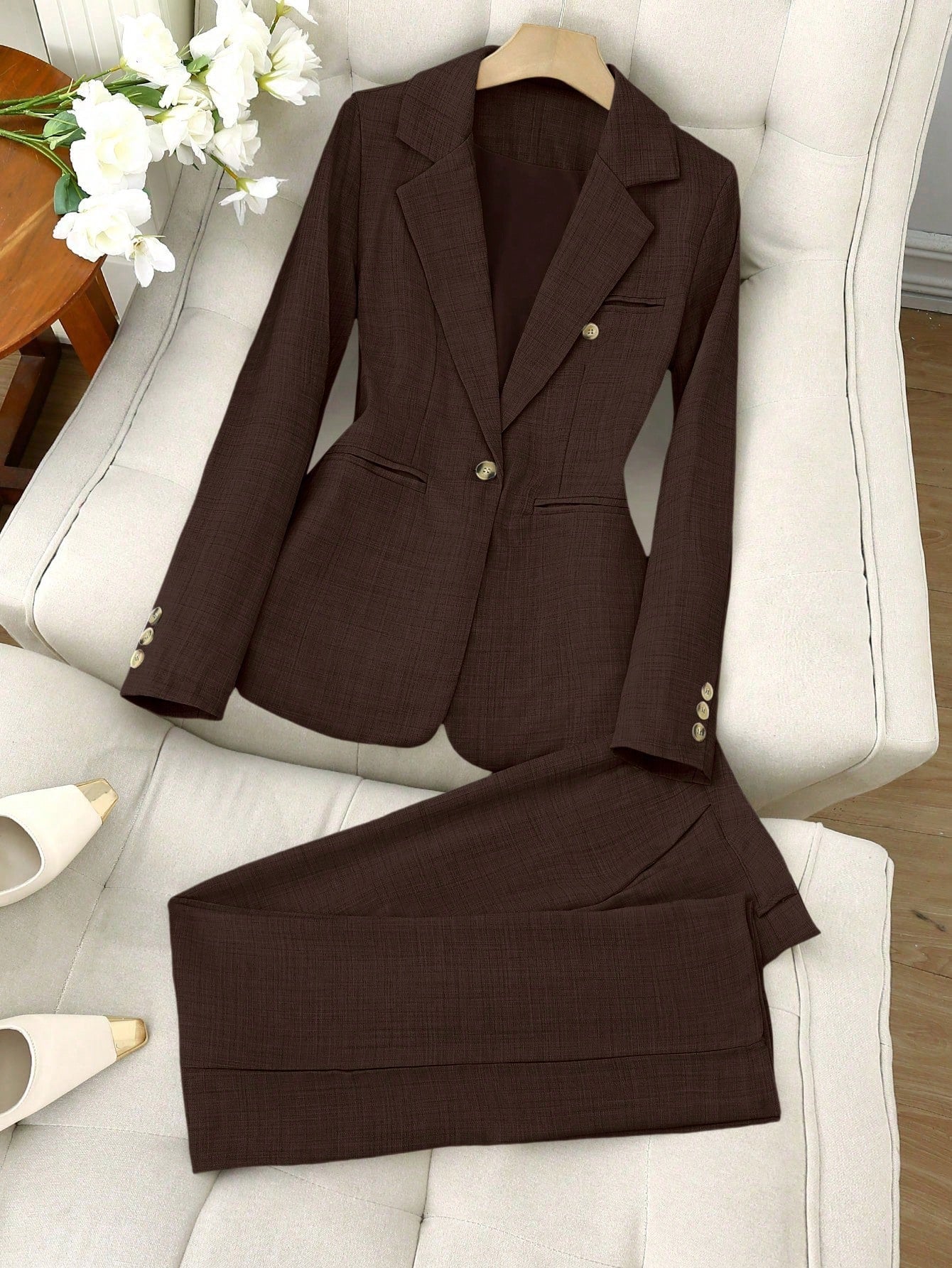 LUNE Solid Color Single-Breasted Long Sleeve Suit Jacket And Pants, Elegant Suit Set
