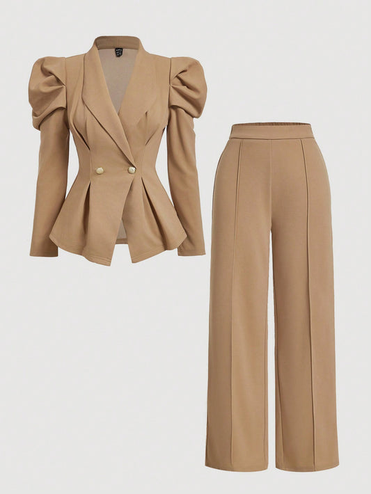 MOD Women 2 Pieces Set Brown Vintage Flared Sleeve Fitted Blazer & Straight Leg Pants, Holiday Women Outfits, Women Clothes, New Year, Classy Outfits, New Years