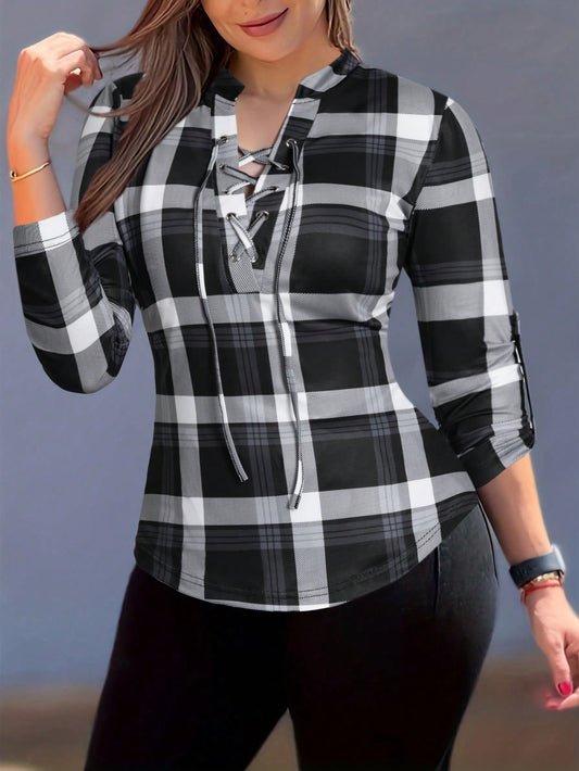 EMERY ROSE Women's V-Neck Drawstring Long Sleeve Plaid Design Casual T-Shirt Graphic Tees Women Tops For Spring Outfit