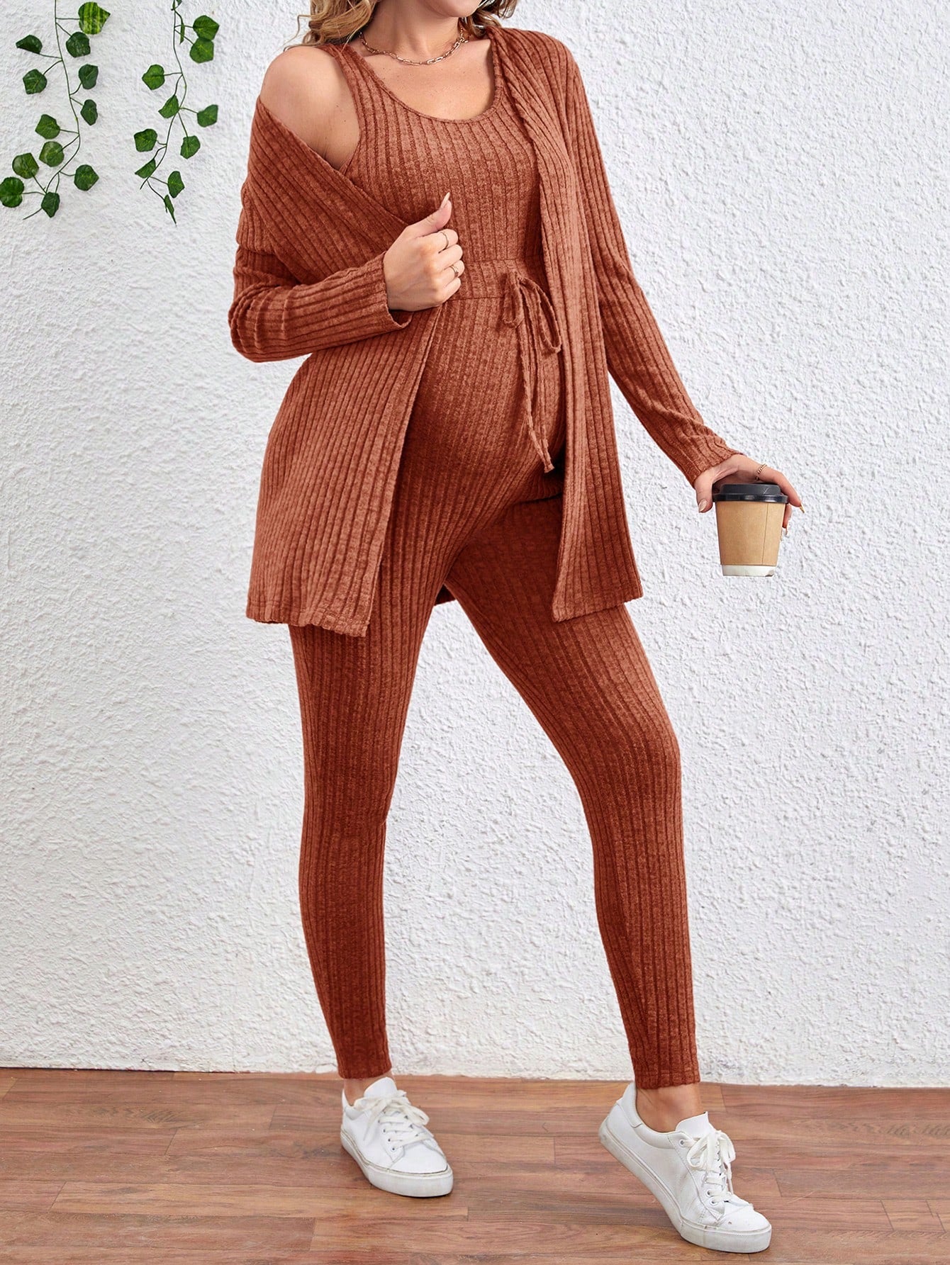 Maternity Striped Lapel Collar Long Sleeve Coat And Waist Tie Jumpsuit Set