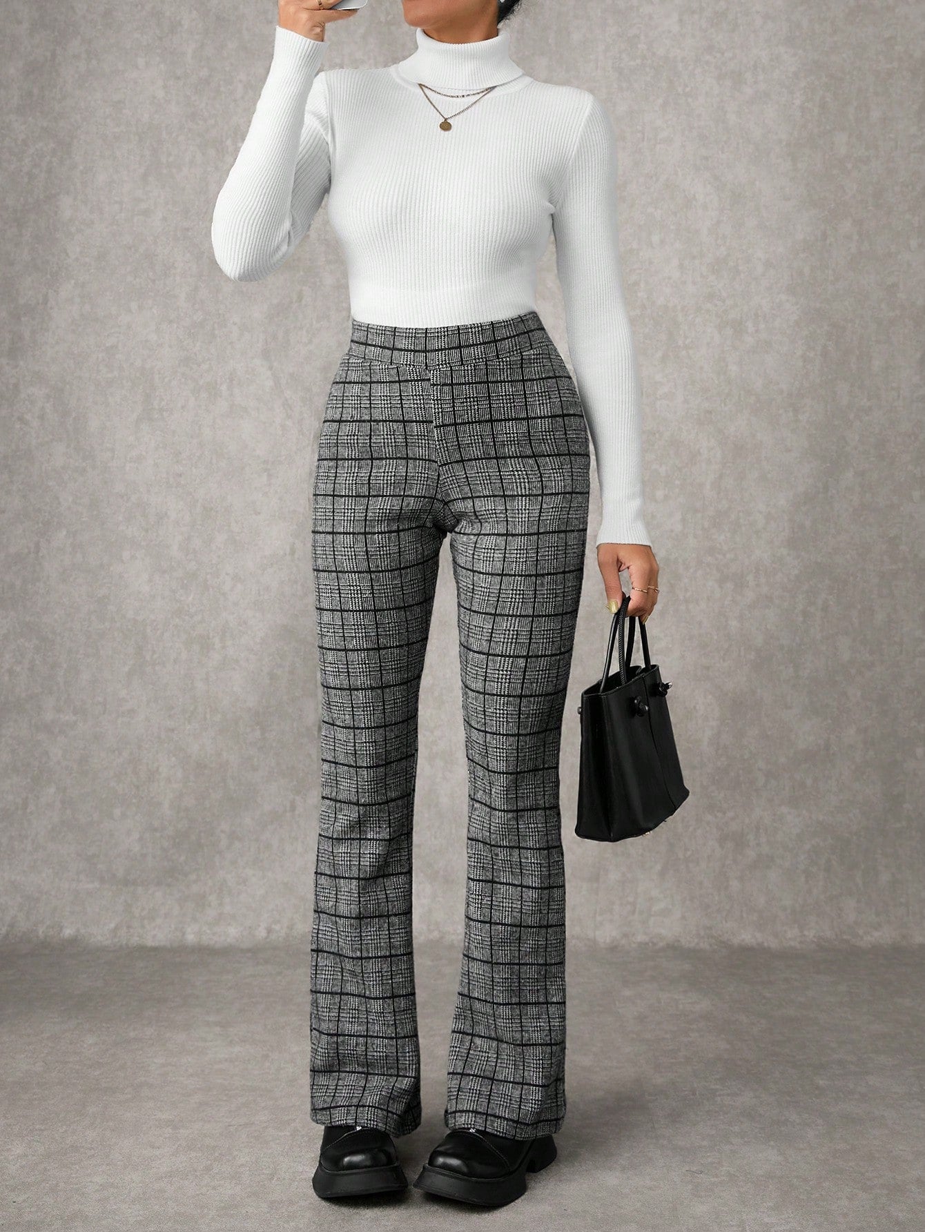 Women's Plaid Print Flare Leg Elastic Waist Elegant Commuter Pants