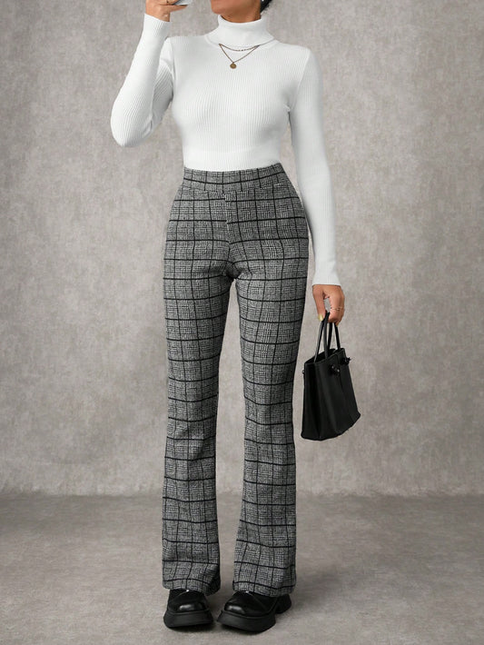 Women's Plaid Print Flare Leg Elastic Waist Elegant Commuter Pants
