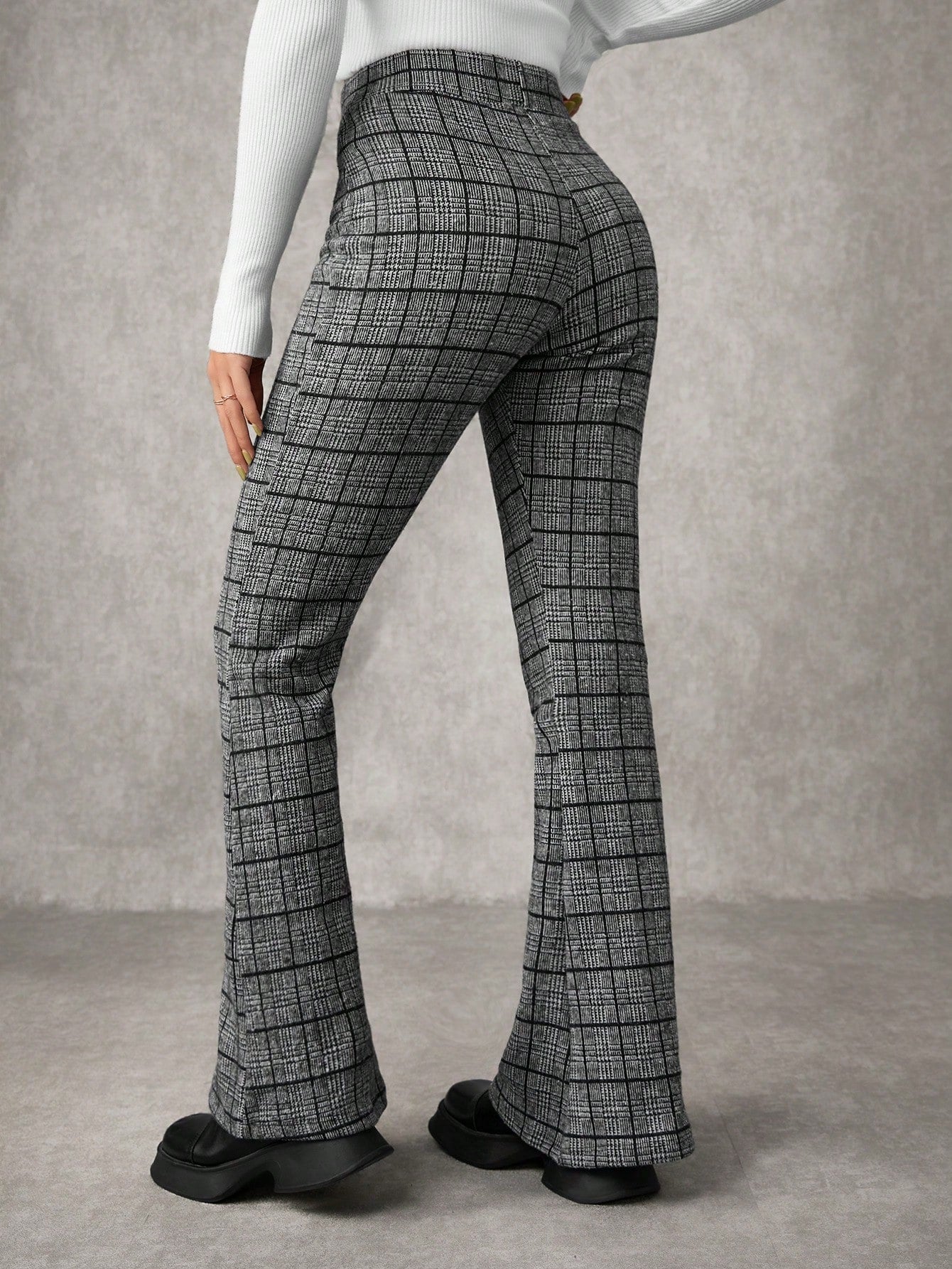 Women's Plaid Print Flare Leg Elastic Waist Elegant Commuter Pants