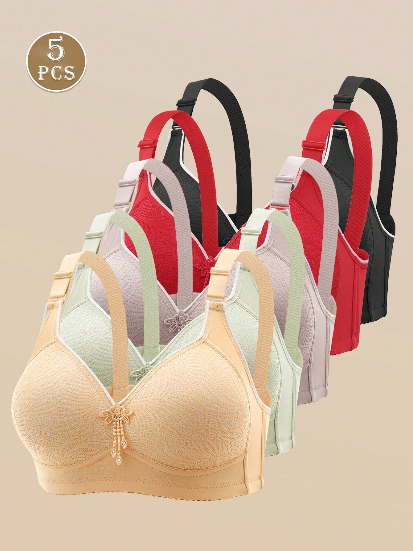 5pcs Non-Underwire Print Lightly Padded Adjustable Push-Up Bras For Women