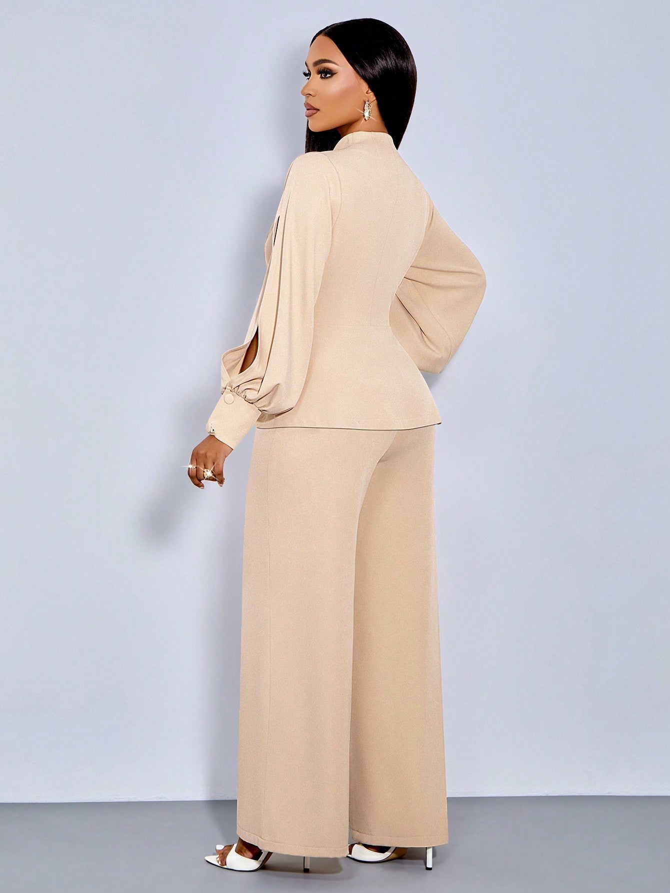 SOLERSUN Winter Clothes For Women Apricot Woven Everyday Out Everyday Work Single Lady Slit Sleeves Pleated Long Sleeves Puff Sleeves Cross Wrap V Neck Ruffle Hem Pinched Pleats Buttons Blazer Loose Straight Pants Two Piece Suit