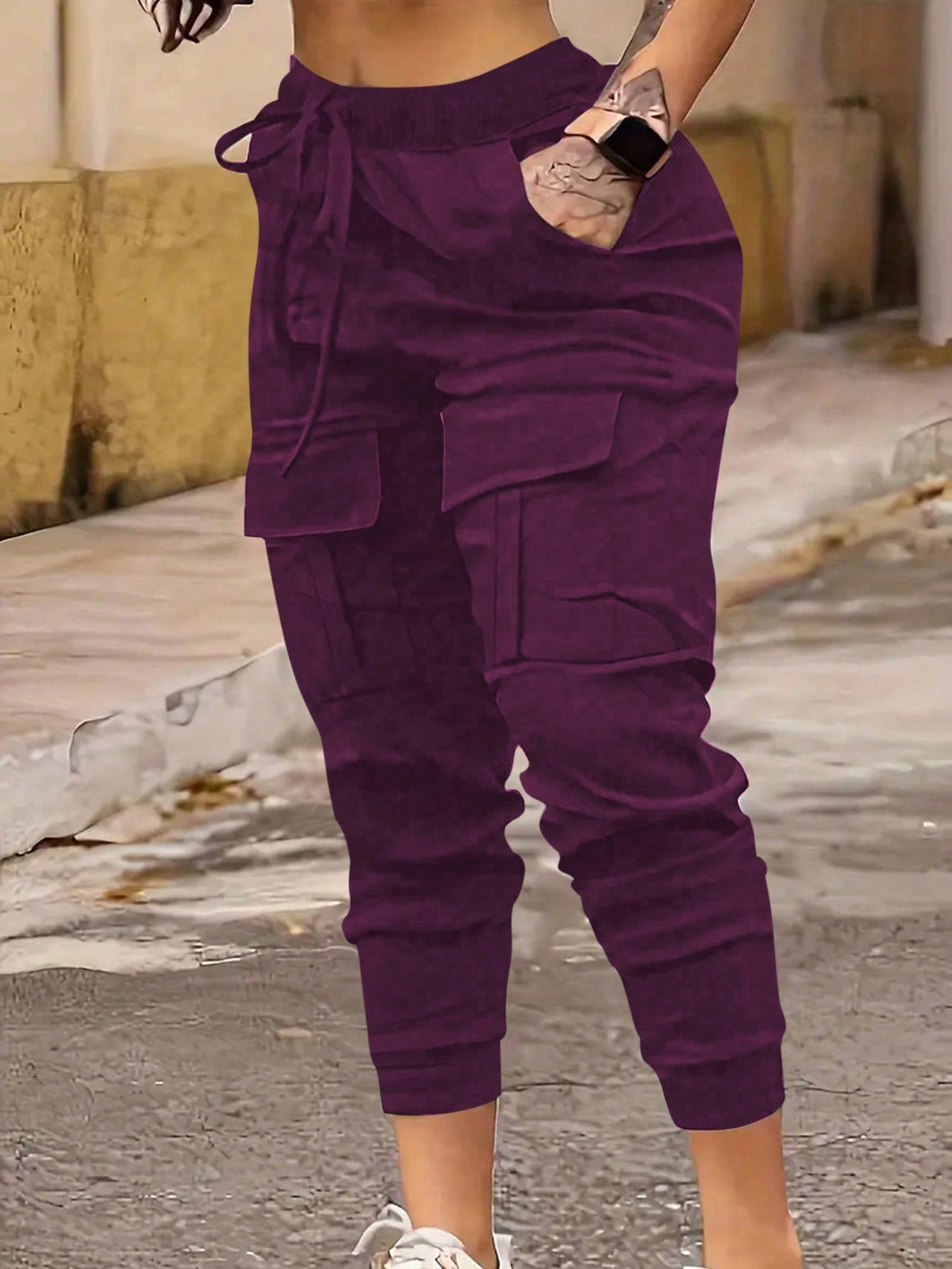 MOOSTA Plus Size Drawstring Waist & Cuffed Workwear Long Trousers