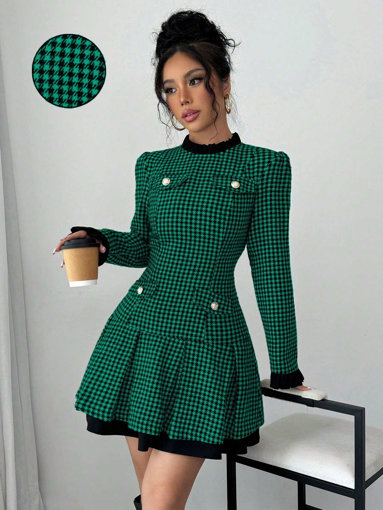 Raffinéa Women's Ruffle Collar Long Sleeve Houndstooth Patchwork Elegant Dress
