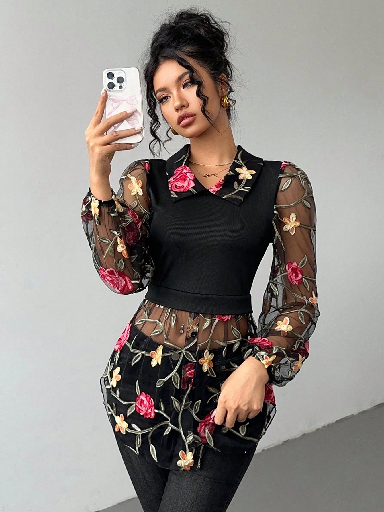 Frenchy Embroidered Mesh Design Contrast Color Knitted Ribbed Two-Piece Top