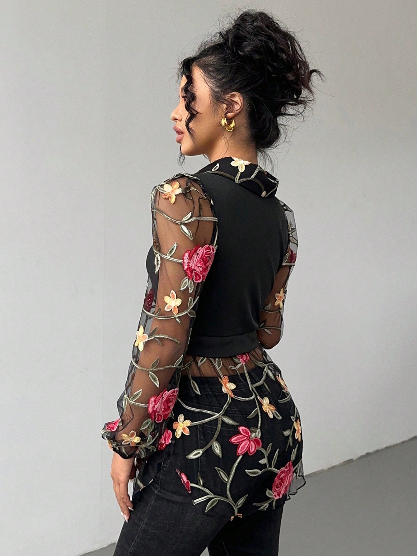 Frenchy Embroidered Mesh Design Contrast Color Knitted Ribbed Two-Piece Top