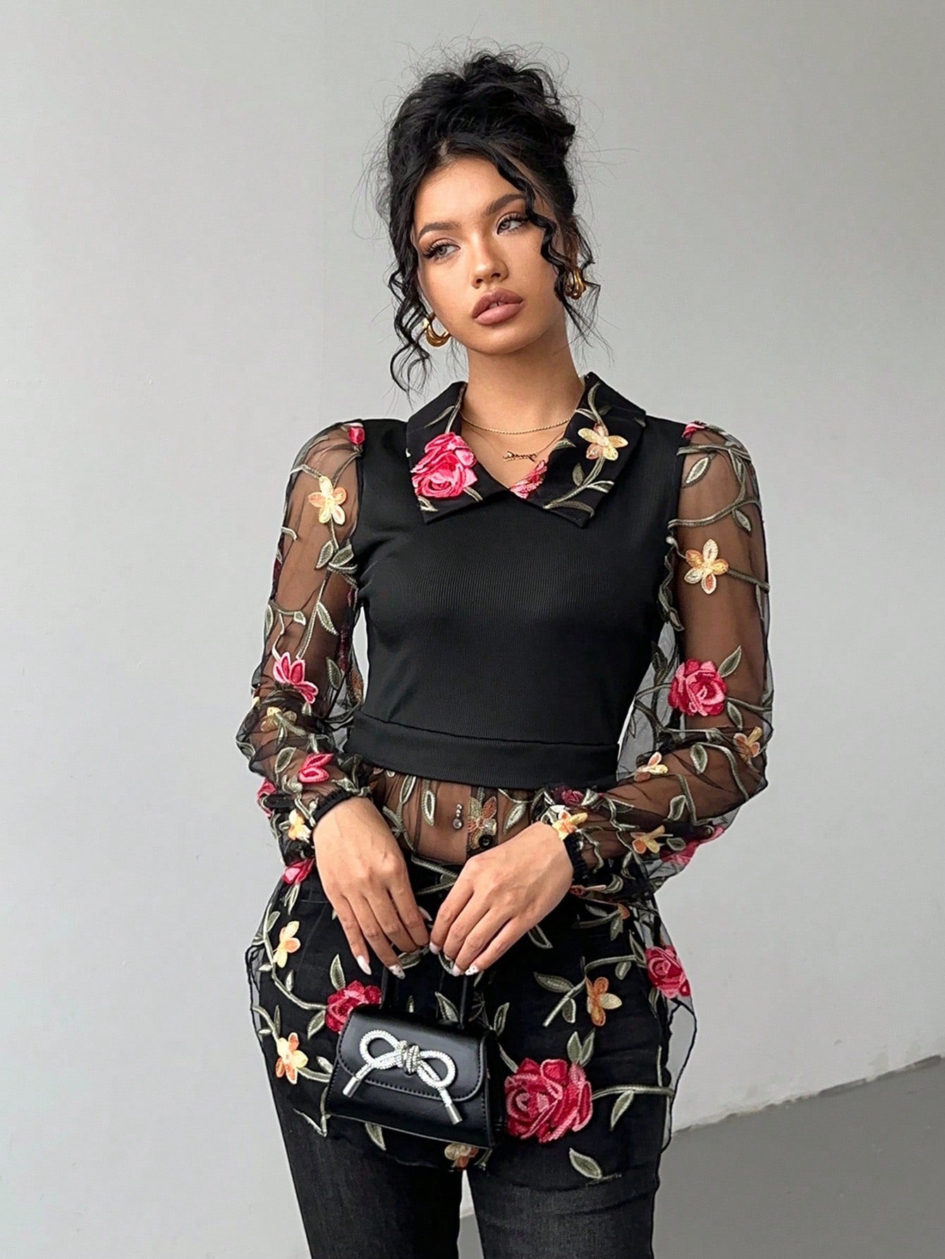 Frenchy Embroidered Mesh Design Contrast Color Knitted Ribbed Two-Piece Top