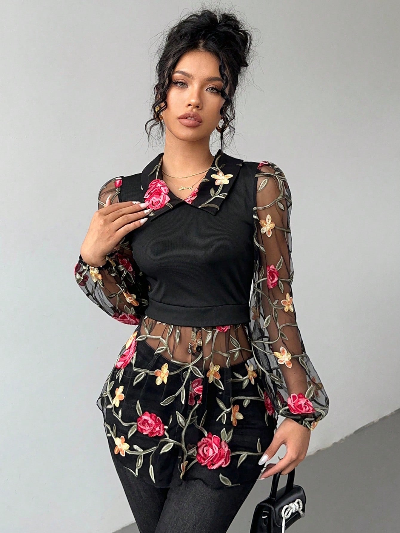 Frenchy Embroidered Mesh Design Contrast Color Knitted Ribbed Two-Piece Top