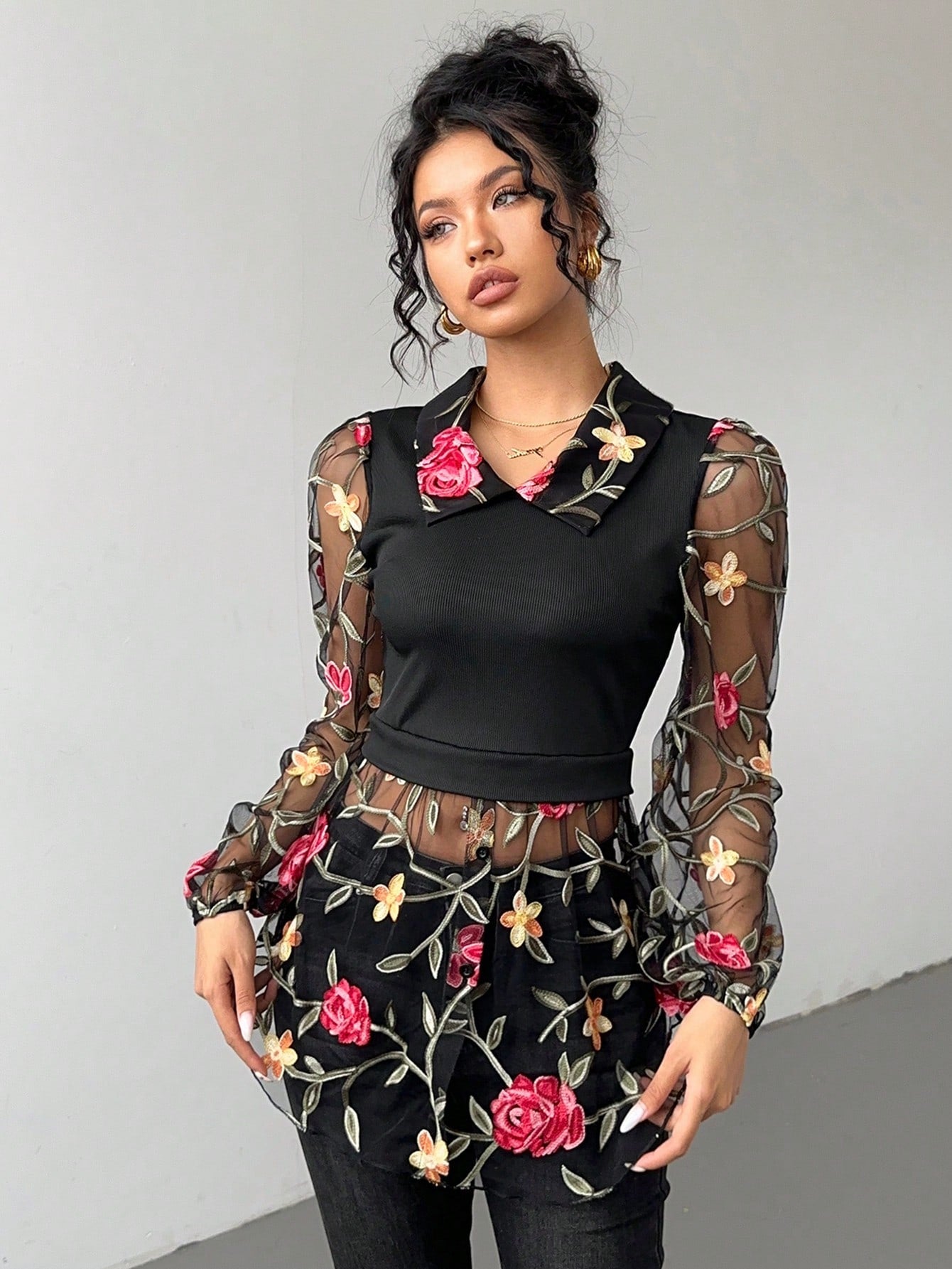 Frenchy Embroidered Mesh Design Contrast Color Knitted Ribbed Two-Piece Top